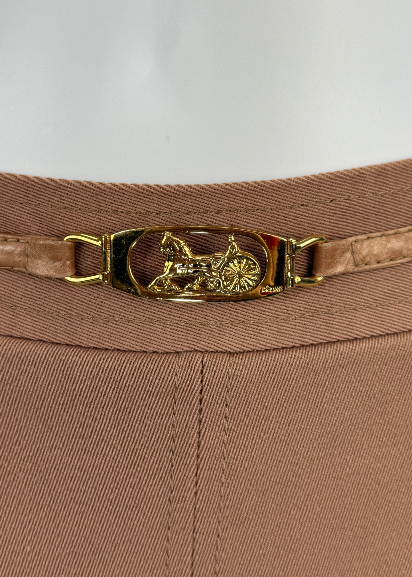 Celine 1970s Beige Wool Metal Buckle Belt Skirt