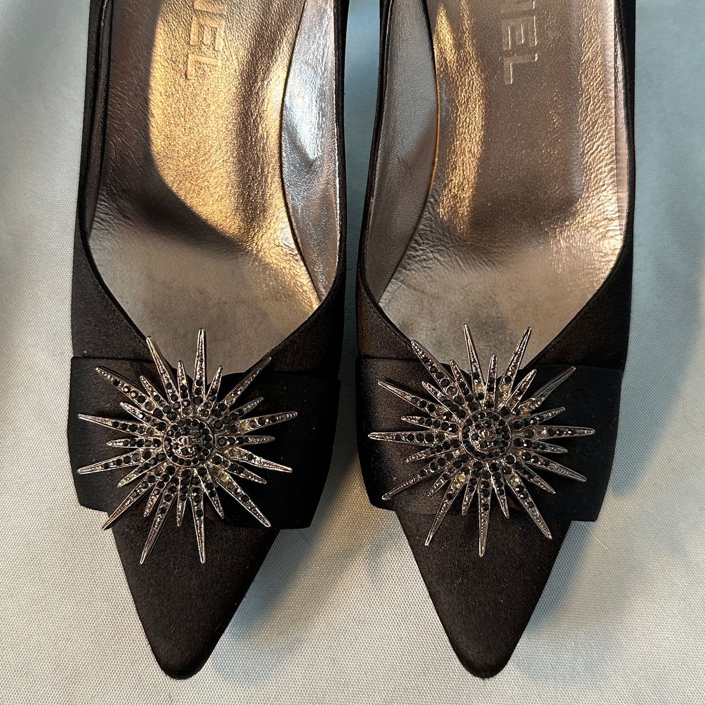 Chanel Crystal Black Satin Pointed Toe Heels