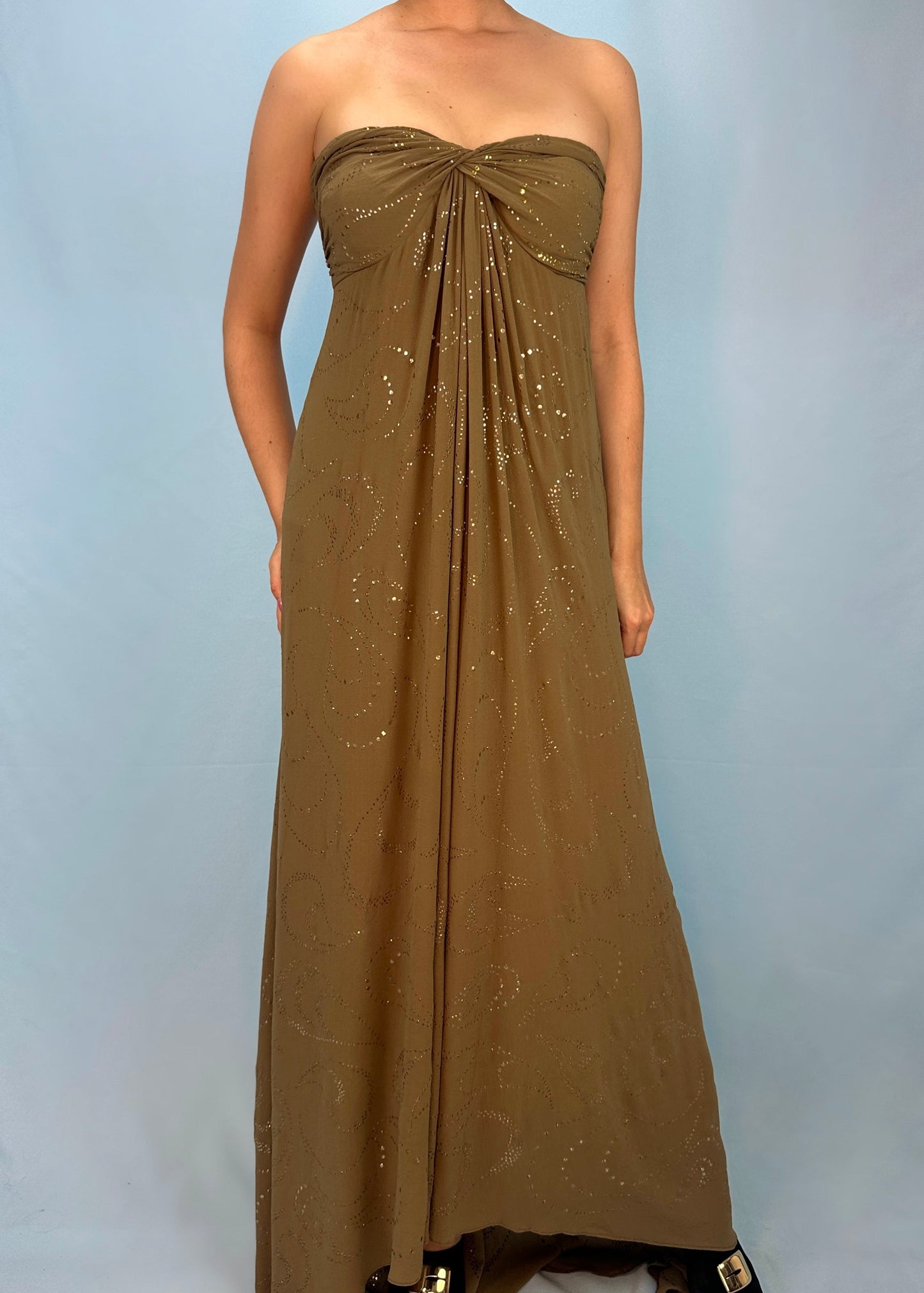 Celine Spring 2003 Runway Khaki Silk Chiffon Embellished Dress