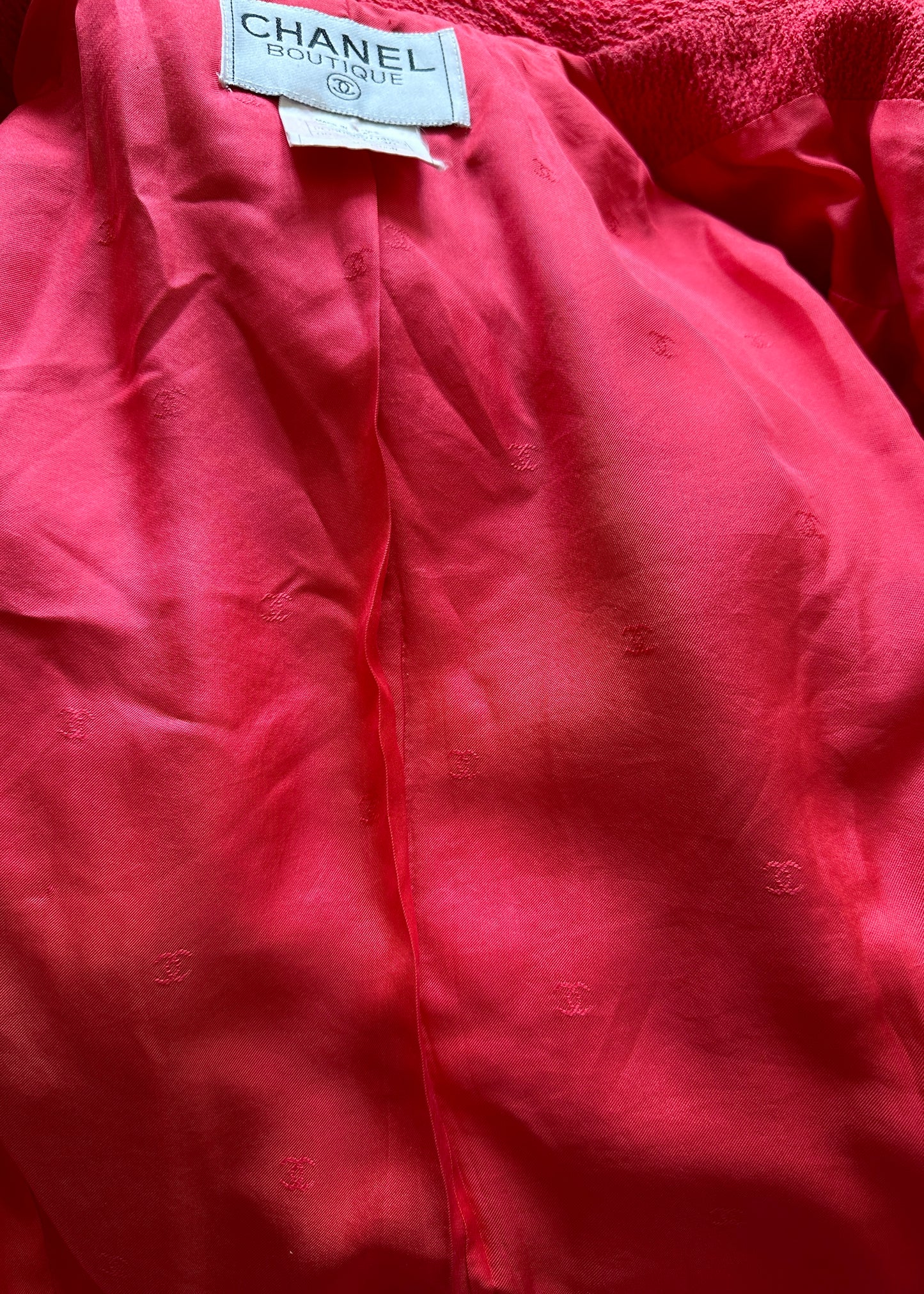 Chanel Spring 1995 Runway Red Boucle Zip Jacket & Skirt Suit Set