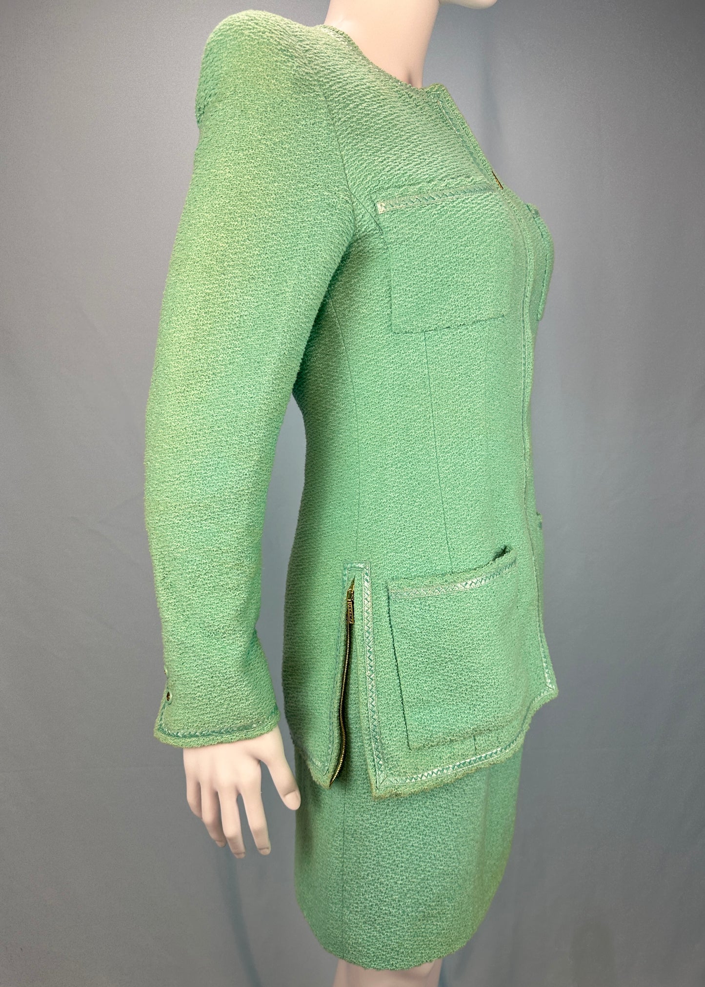 Chanel Spring 1995 Runway Blue Boucle Zip Jacket & Skirt Suit Set