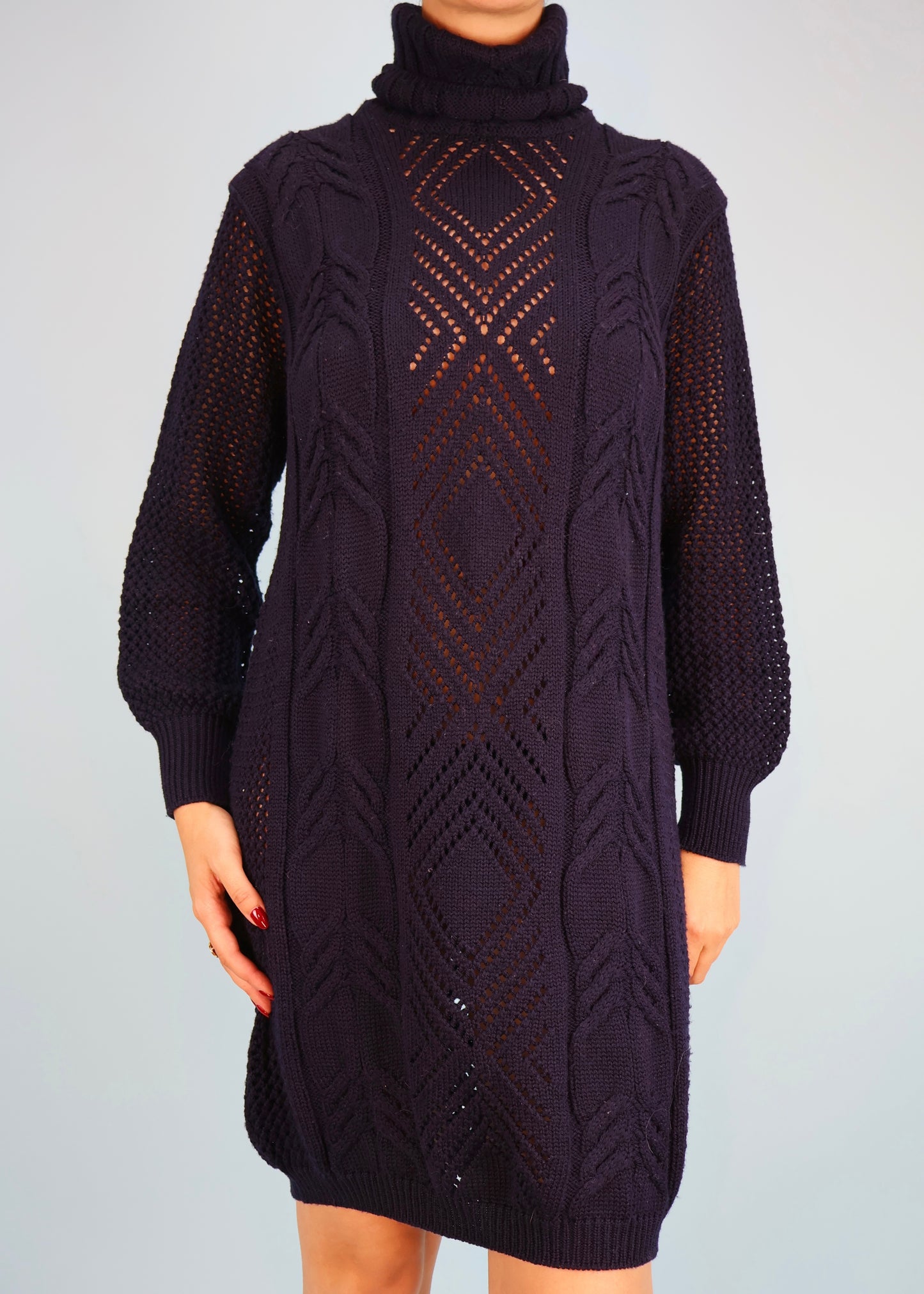 Versace Fall 1993 Navy Blue Knitted High Neck Sweater Dress