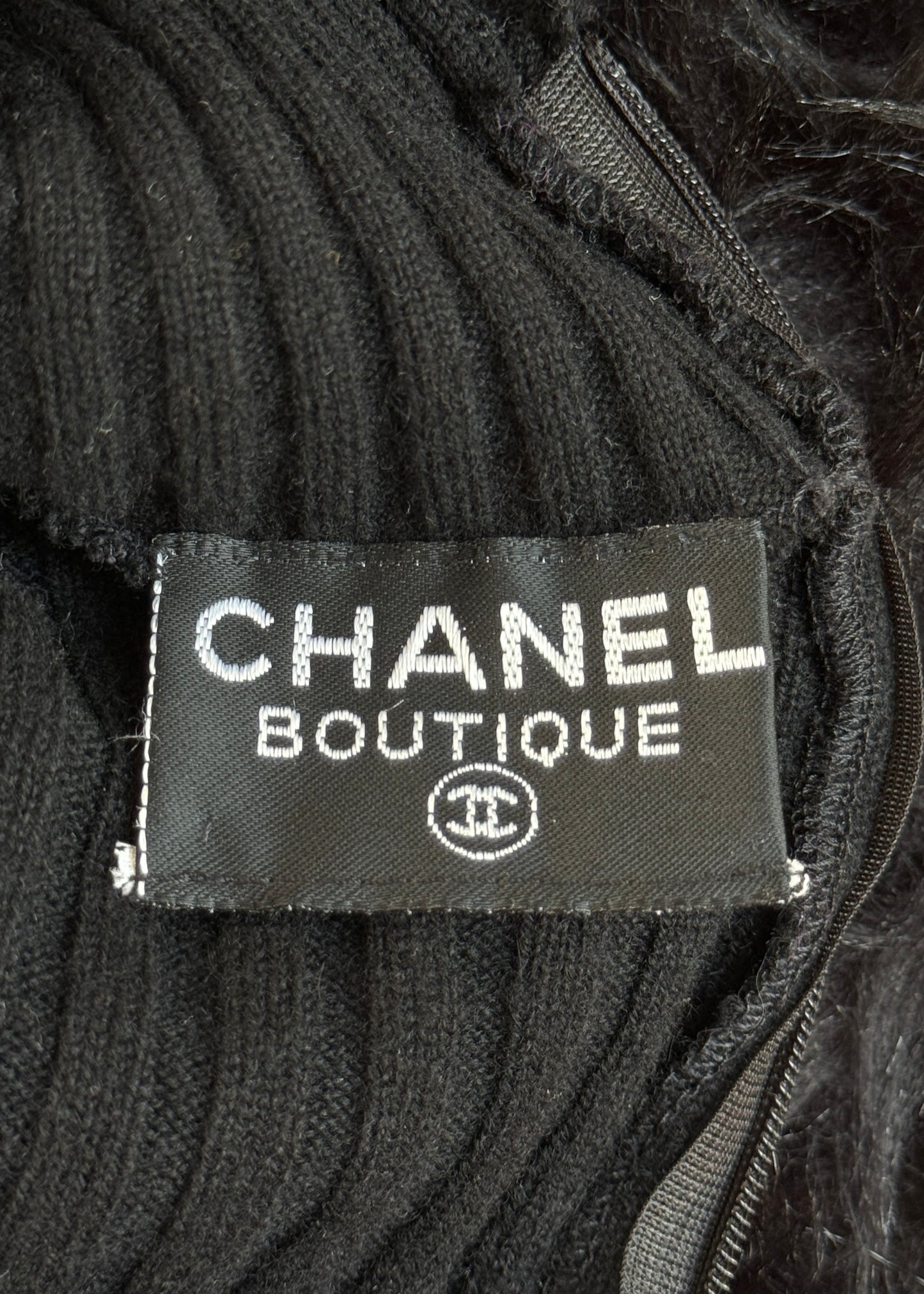 Chanel Fall 1994 Runway Black Knitted Faux Fur Hooded Dress