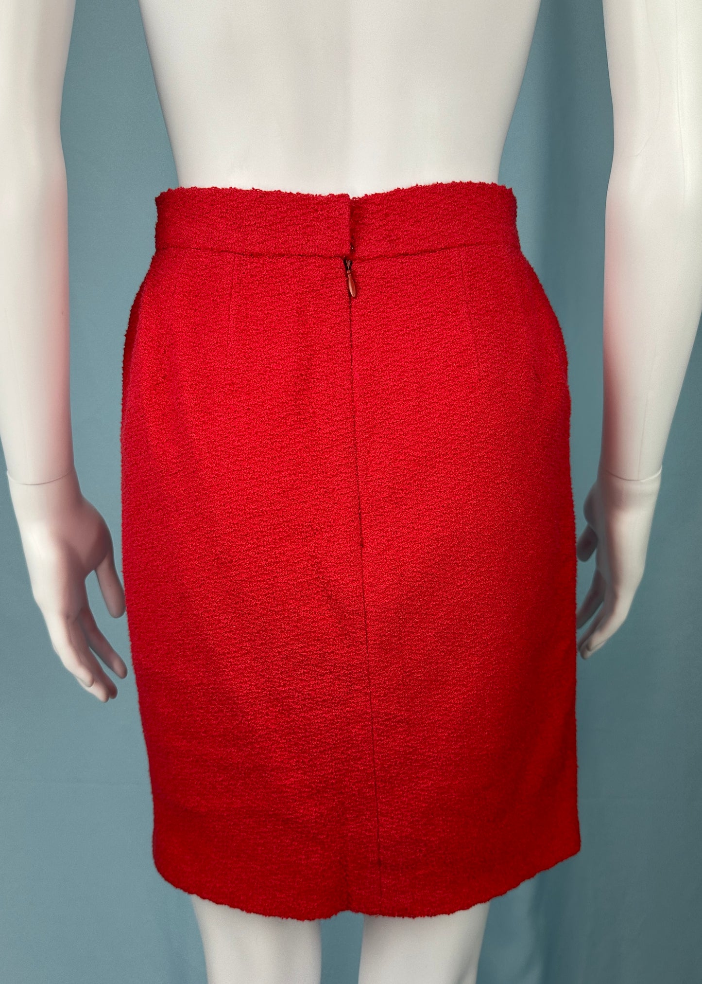 Chanel Spring 1995 Runway Red Boucle Zip Jacket & Skirt Suit Set