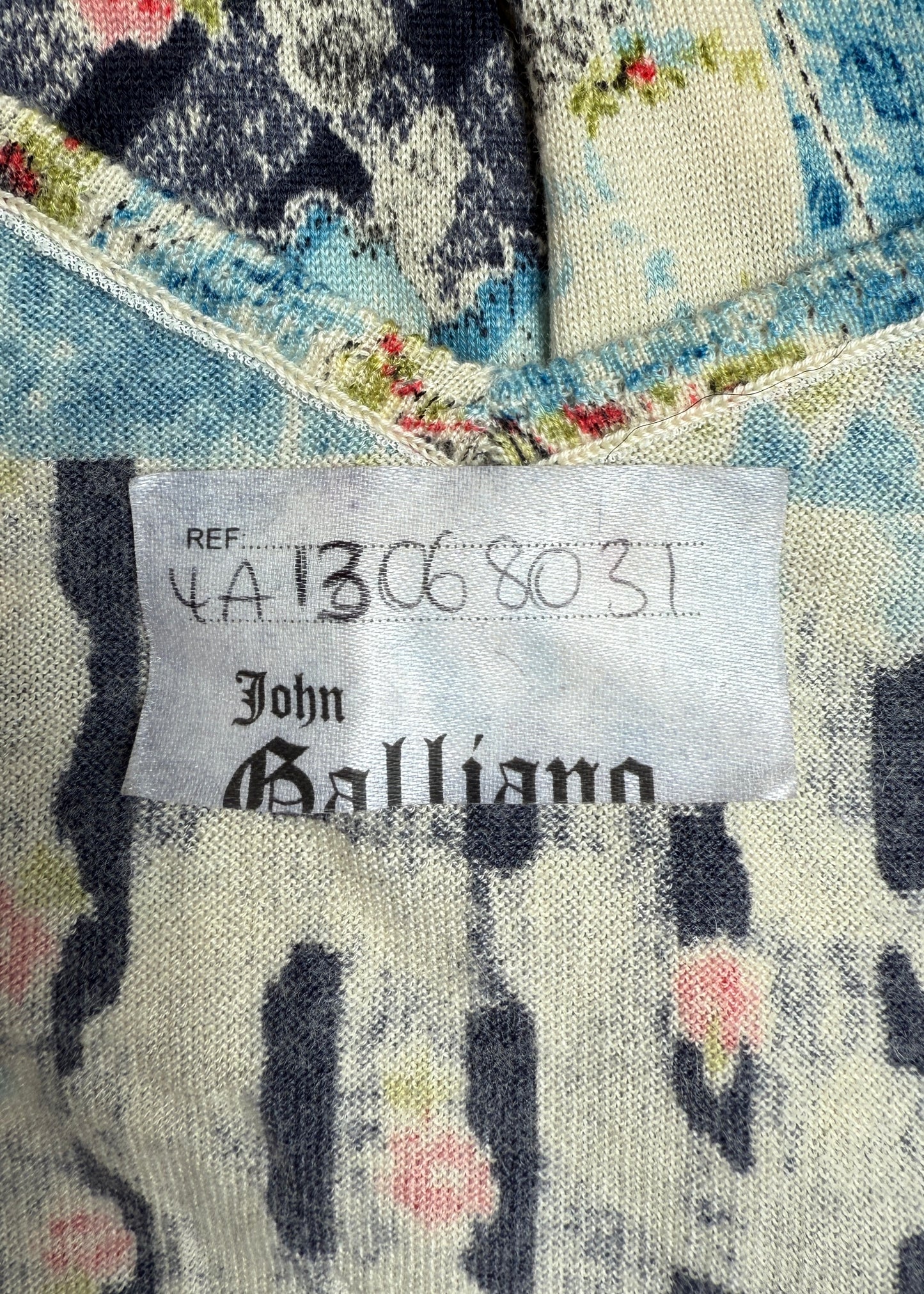 John Galliano Fall 2004 Prototype Blue Floral Knit & Silk Chiffon Dress