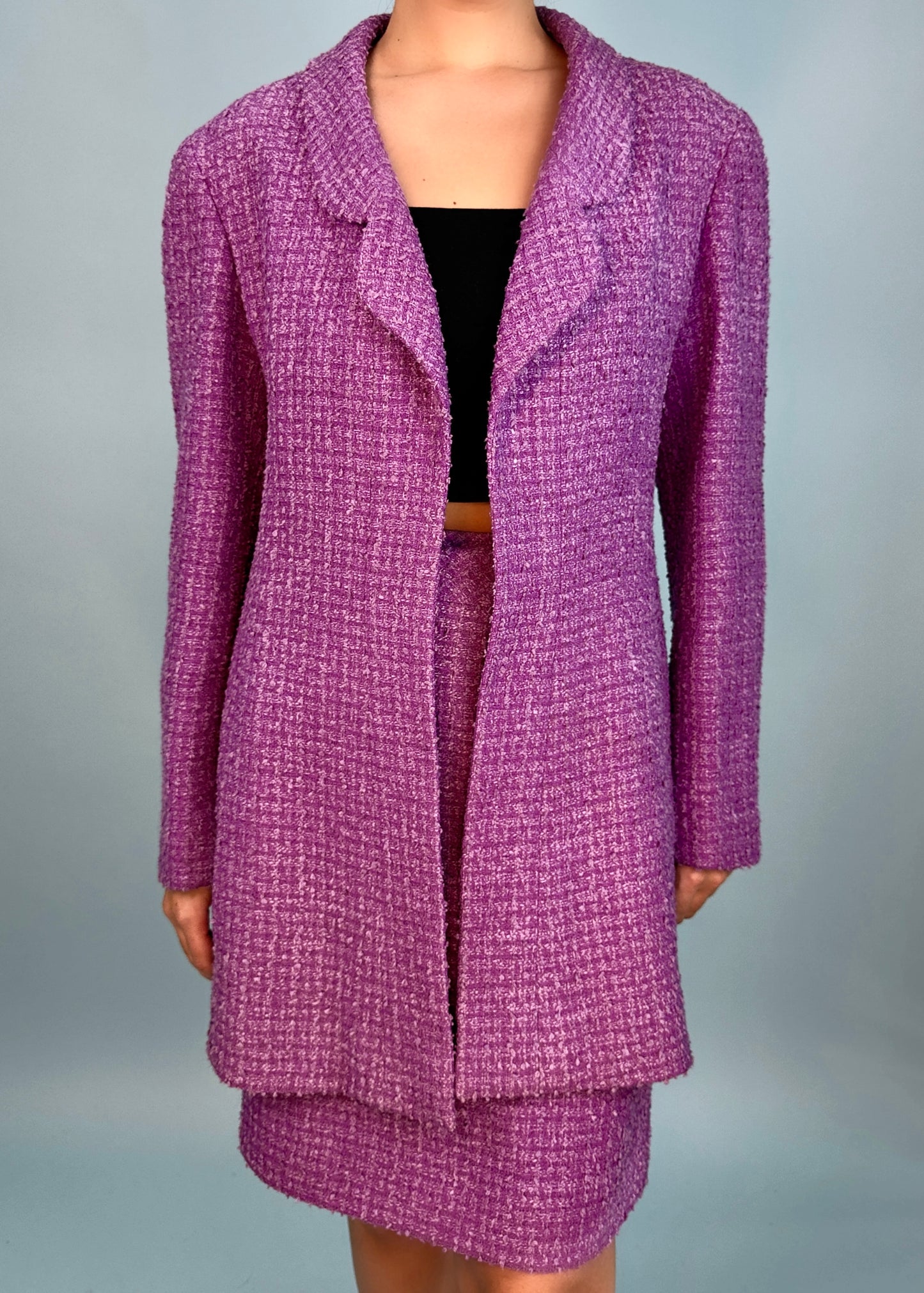 Chanel Spring 1994 Runway Purple Boucle Jacket & Skirt Suit Set