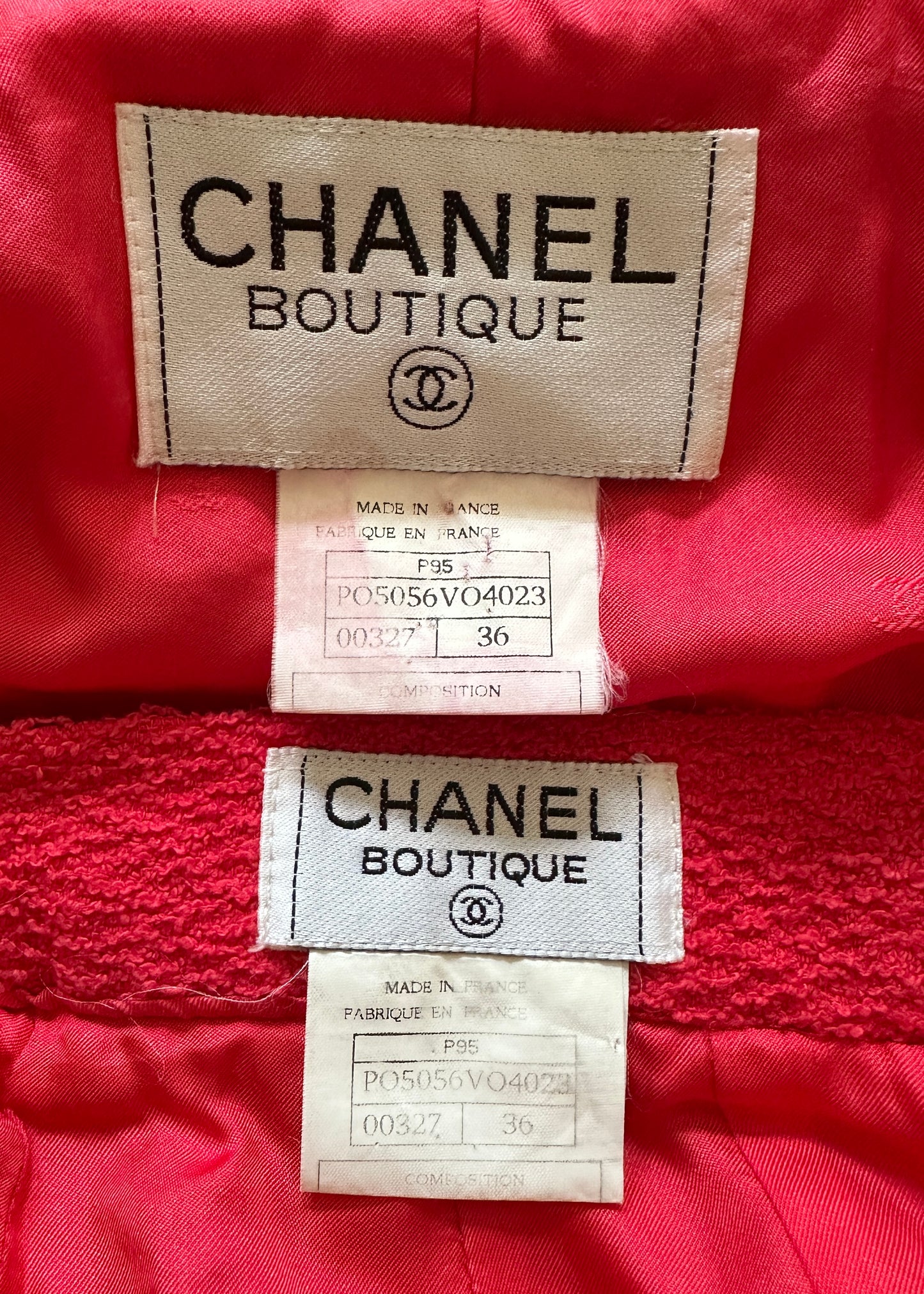 Chanel Spring 1995 Runway Red Boucle Zip Jacket & Skirt Suit Set