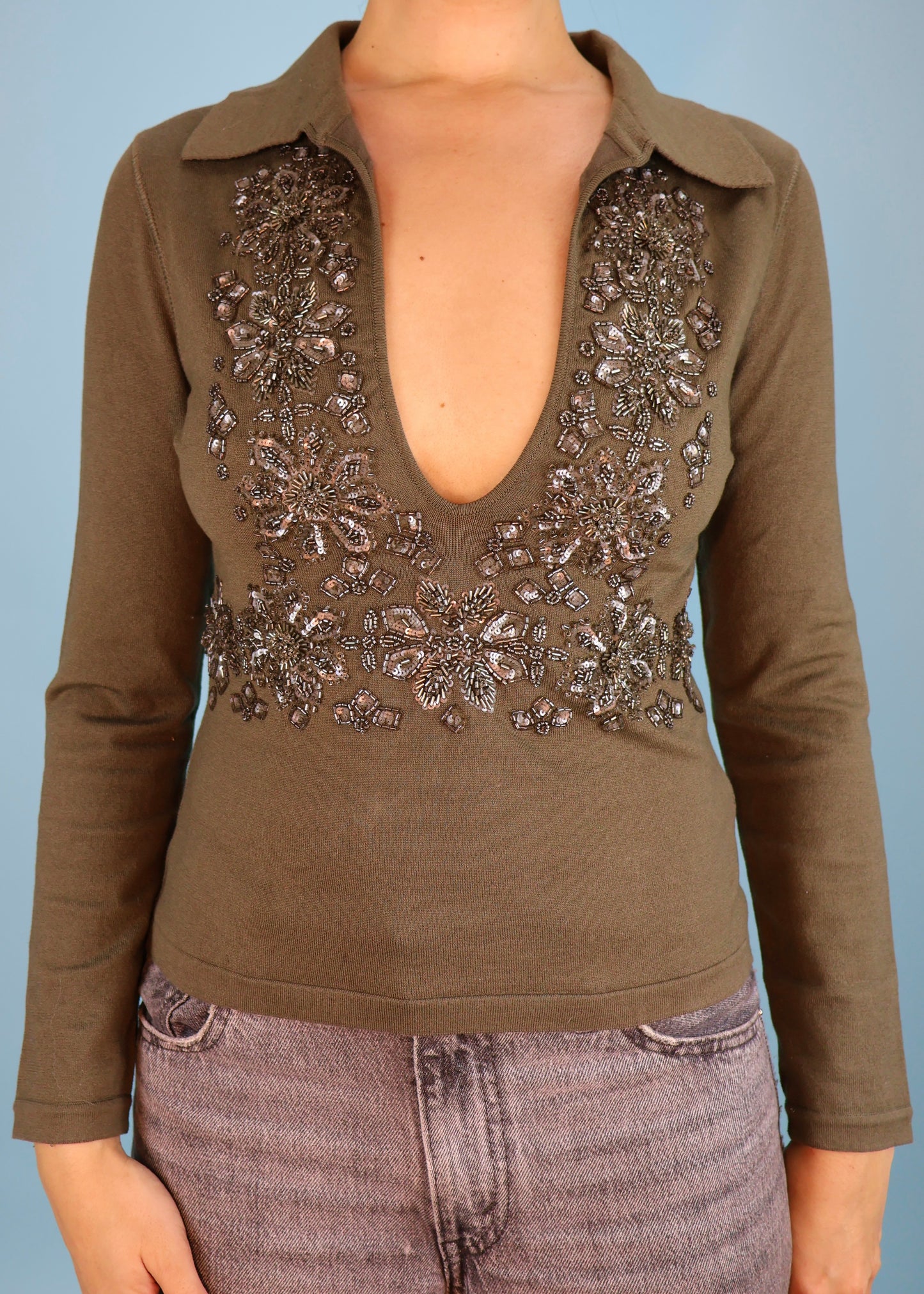 Valentino Embellished Khaki Knitted Sweater Top