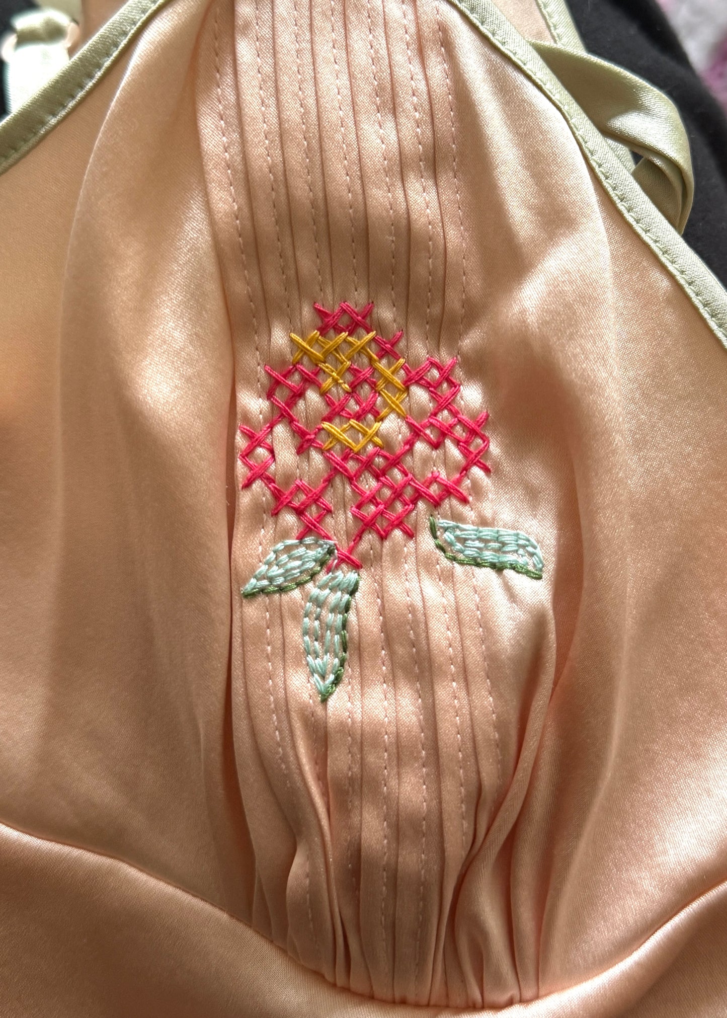 John Galliano Spring 2003 Pink Silk Satin Floral Cross Stitch Camisole Top