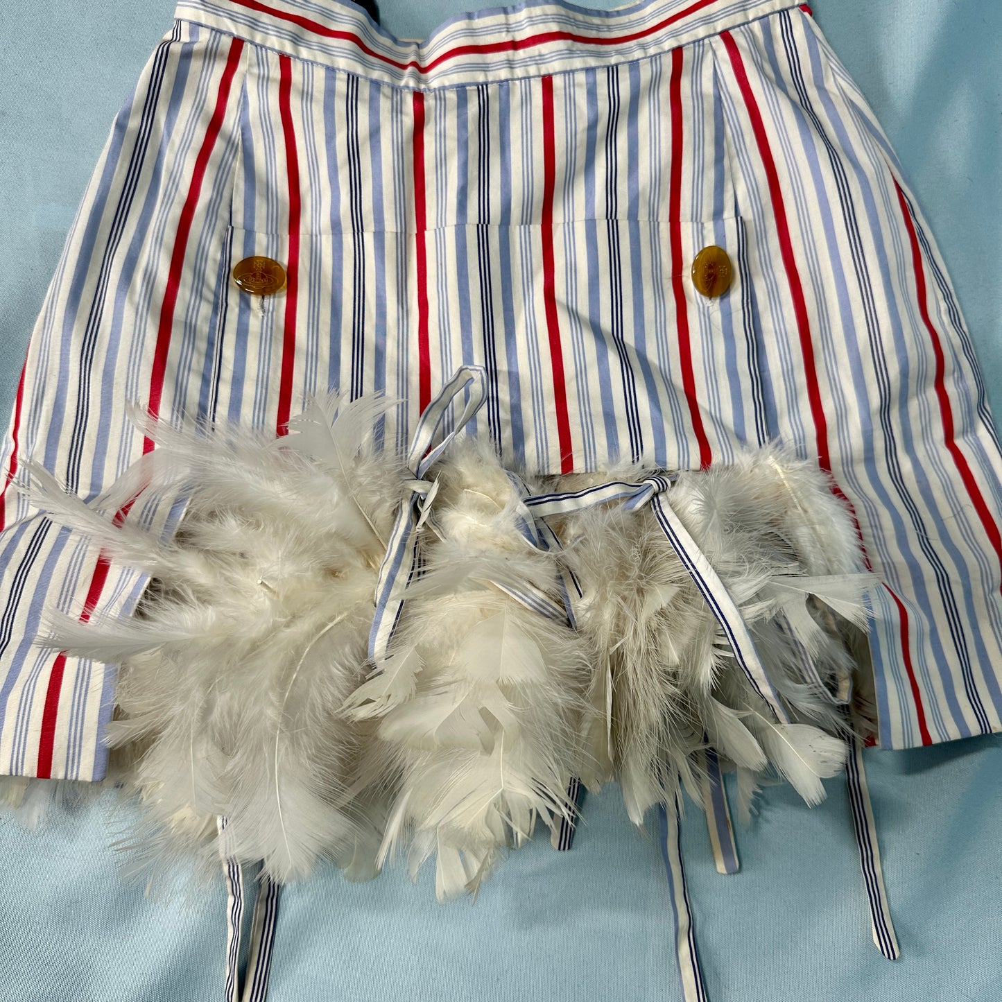 Vivienne Westwood Spring 1994 “Cafe Society” Runway Feather Bustle Striped Skirt & Jacket Suit Set