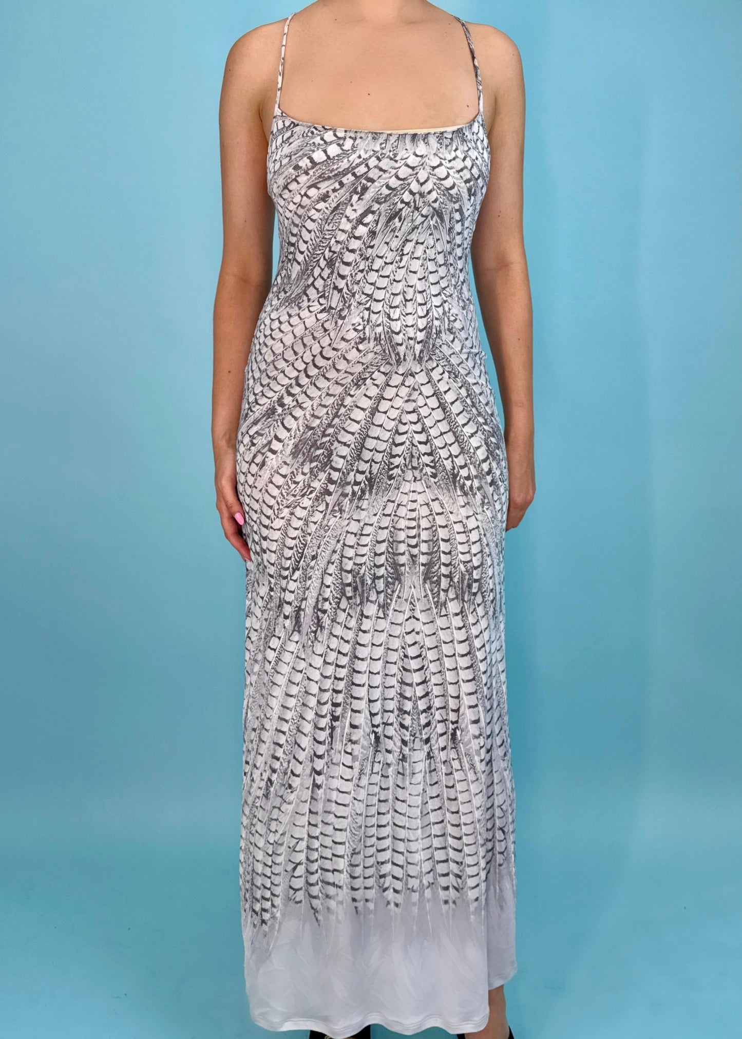 Roberto Cavalli Spring 1999 Feather Print Maxi Dress & Cardigan Set