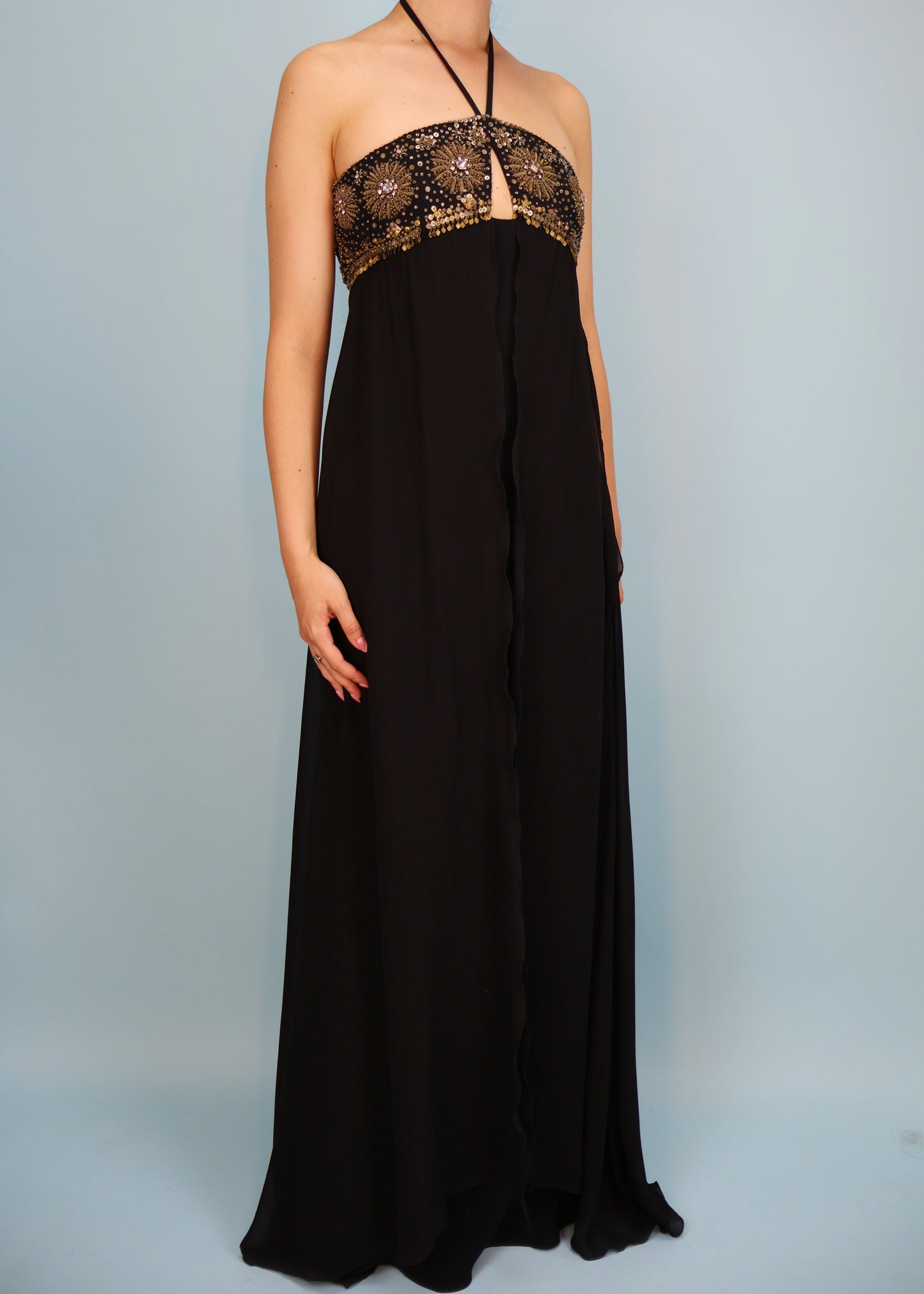 Jean-Louis Scherrer Embellished Halter Black Silk Gown