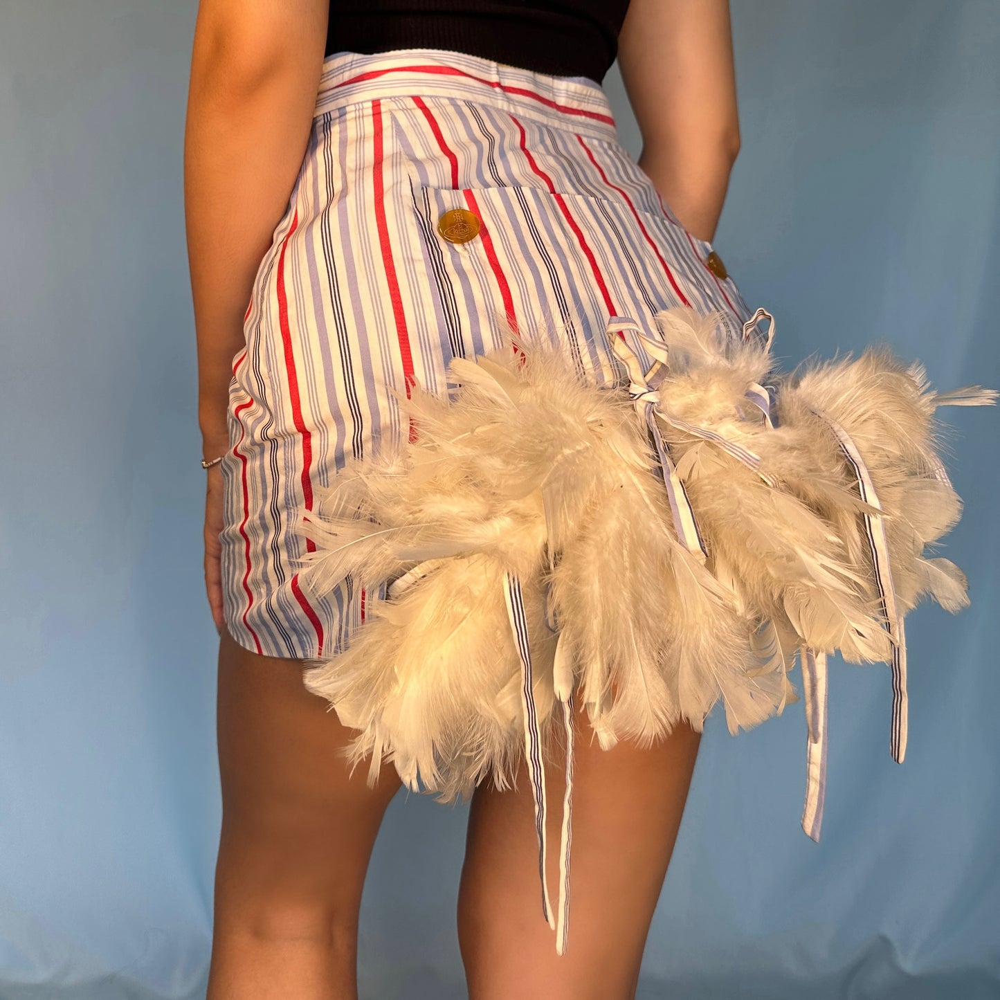 Vivienne Westwood Spring 1994 “Cafe Society” Runway Feather Bustle Striped Skirt & Jacket Suit Set