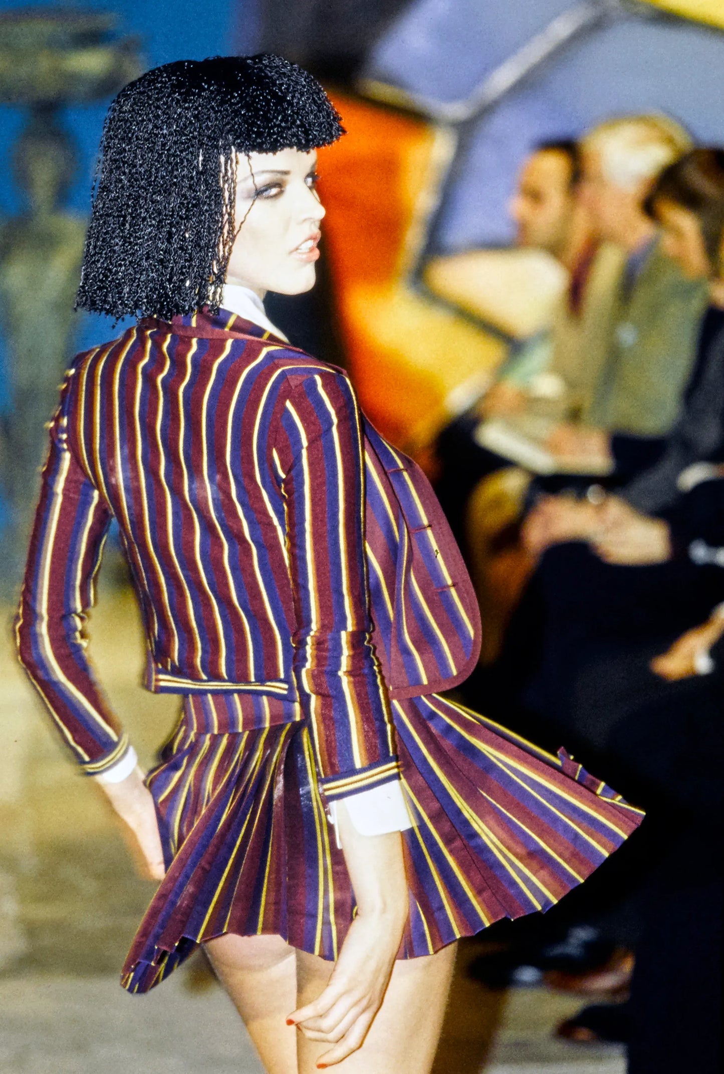 John Galliano Fall 1997 Runway Burgundy & Navy Stripe Pleated Mini Skirt