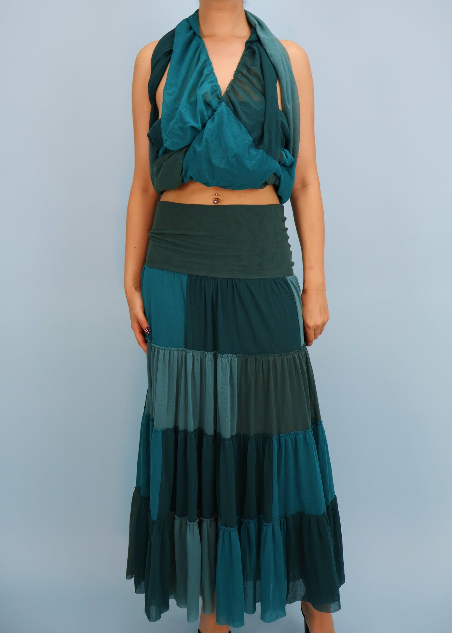 Jean Paul Gaultier Blue Mesh Tiered Maxi Skirt & Wrap Top Set