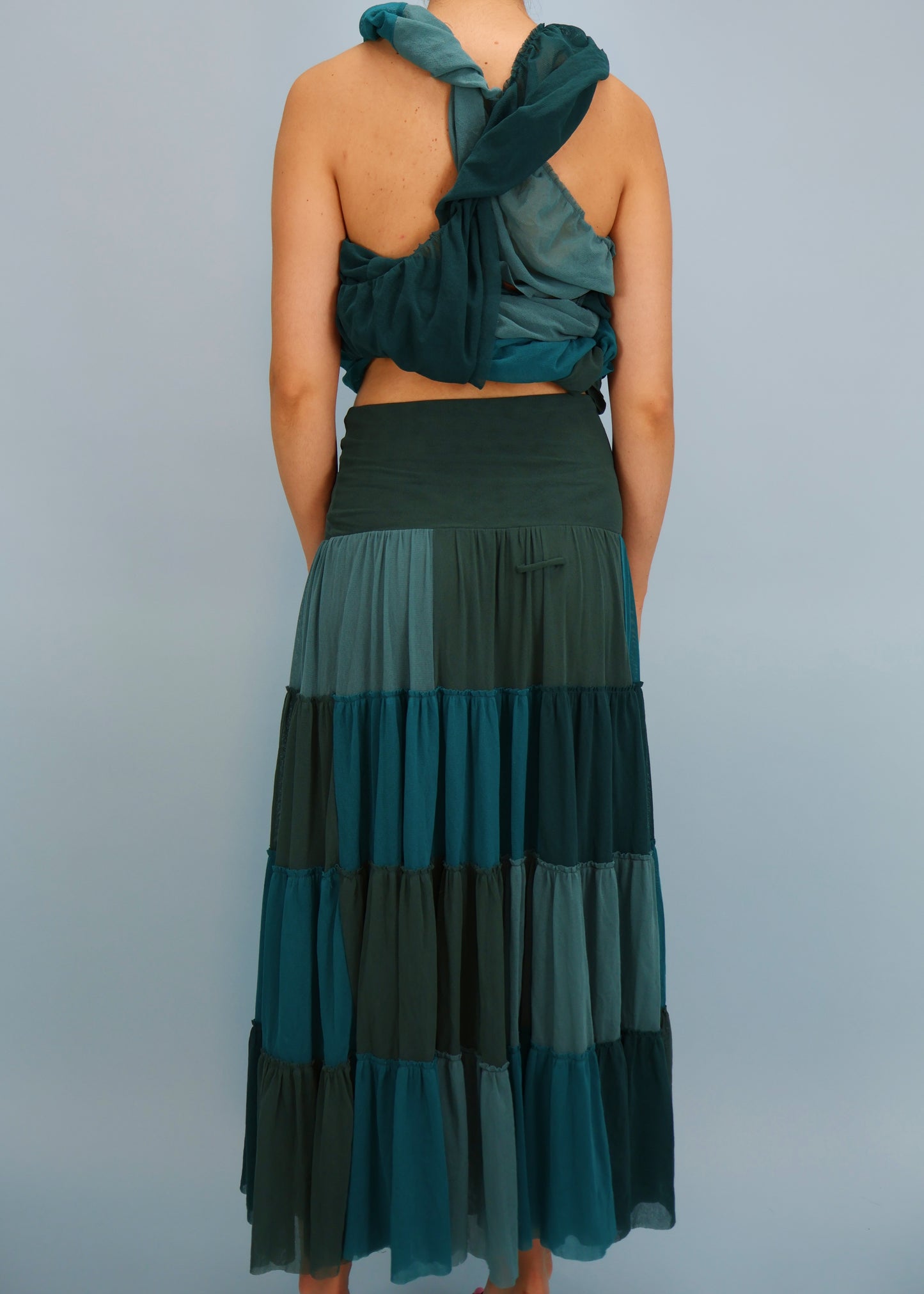 Jean Paul Gaultier Blue Mesh Tiered Maxi Skirt & Wrap Top Set
