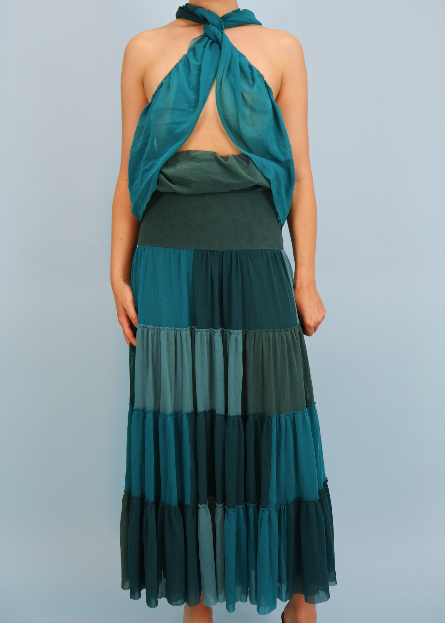 Jean Paul Gaultier Blue Mesh Tiered Maxi Skirt & Wrap Top Set