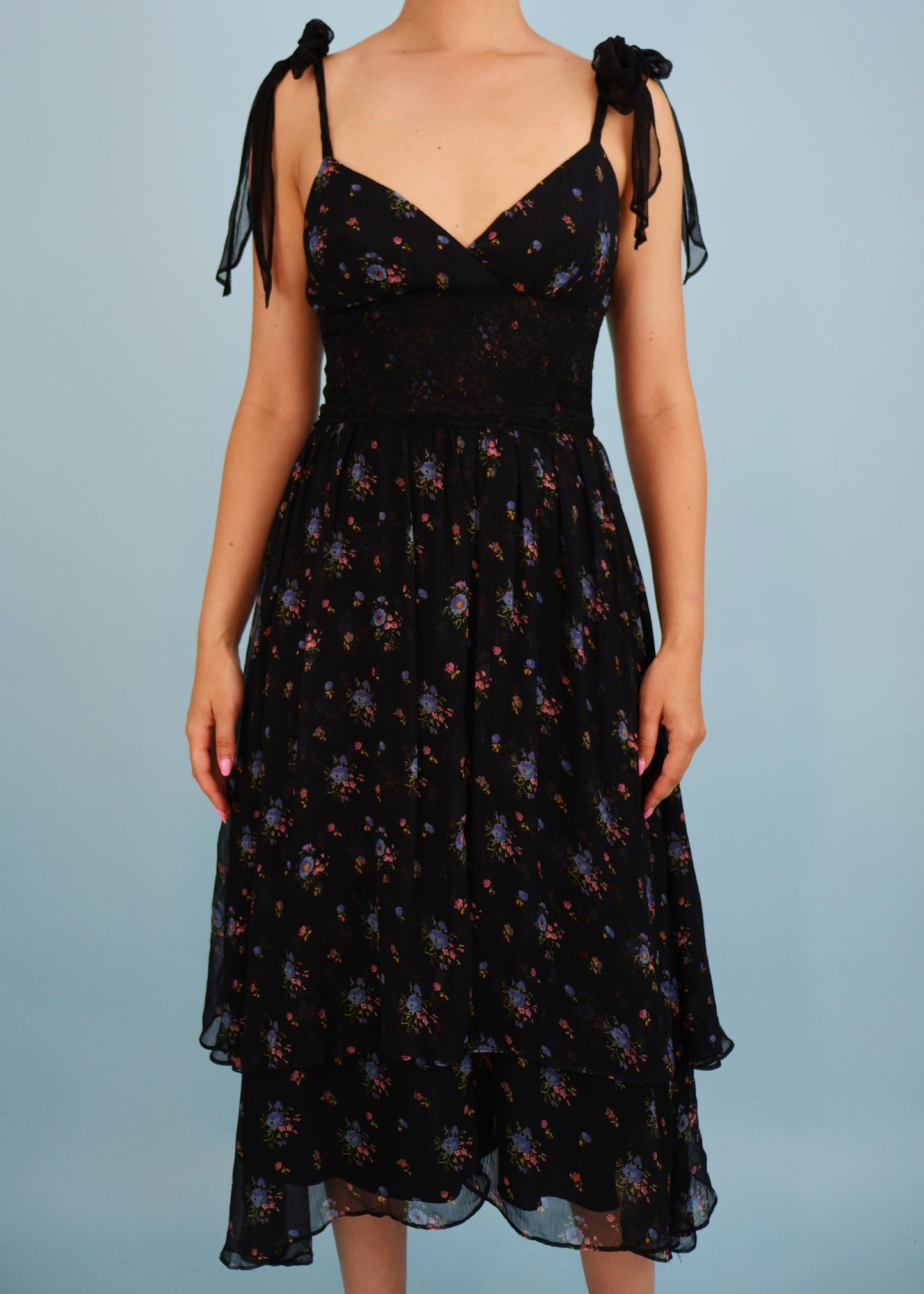 Betsey Johnson Black Floral Print Silk Chiffon & Lace Dress