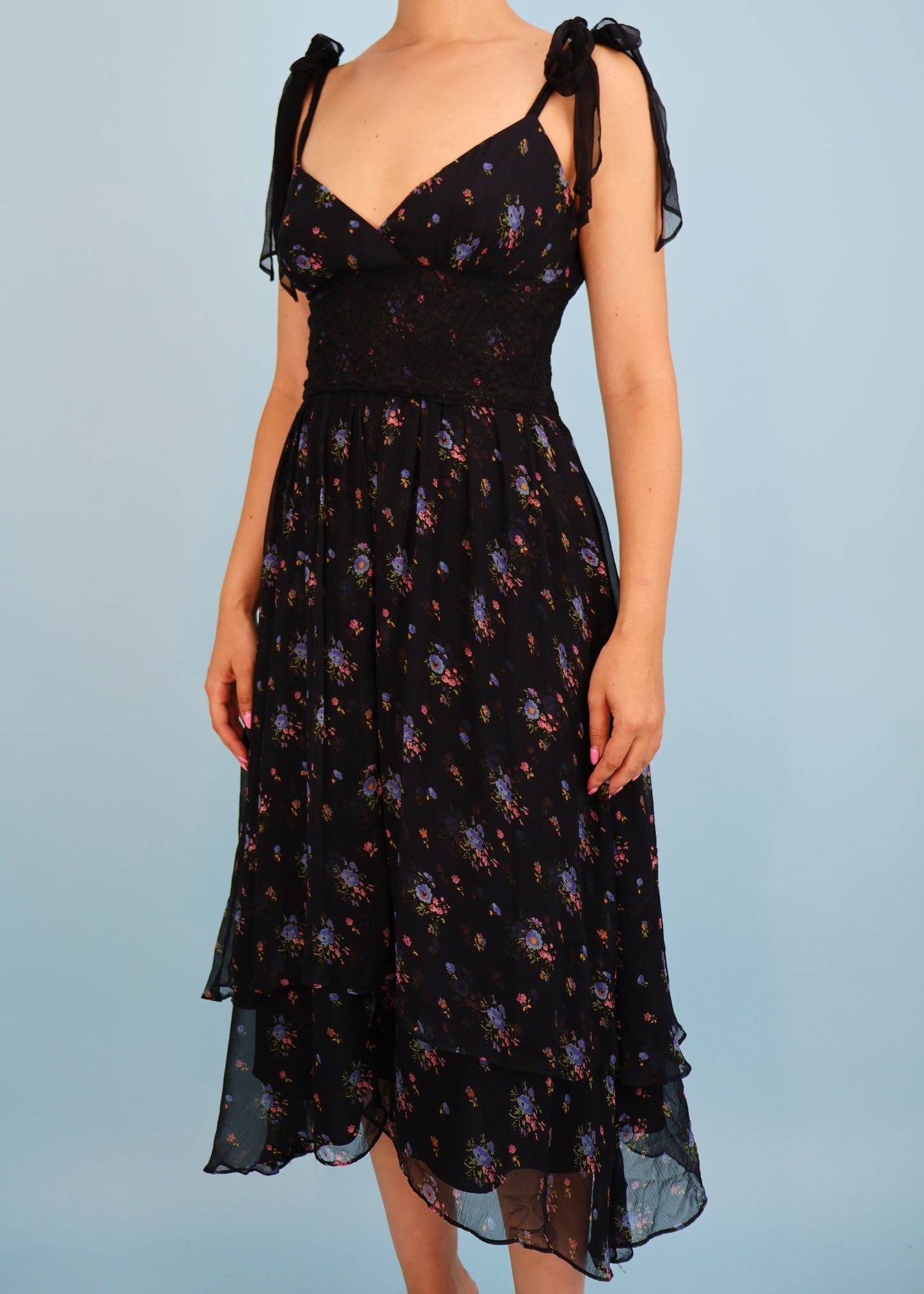 Betsey Johnson Black Floral Print Silk Chiffon & Lace Dress