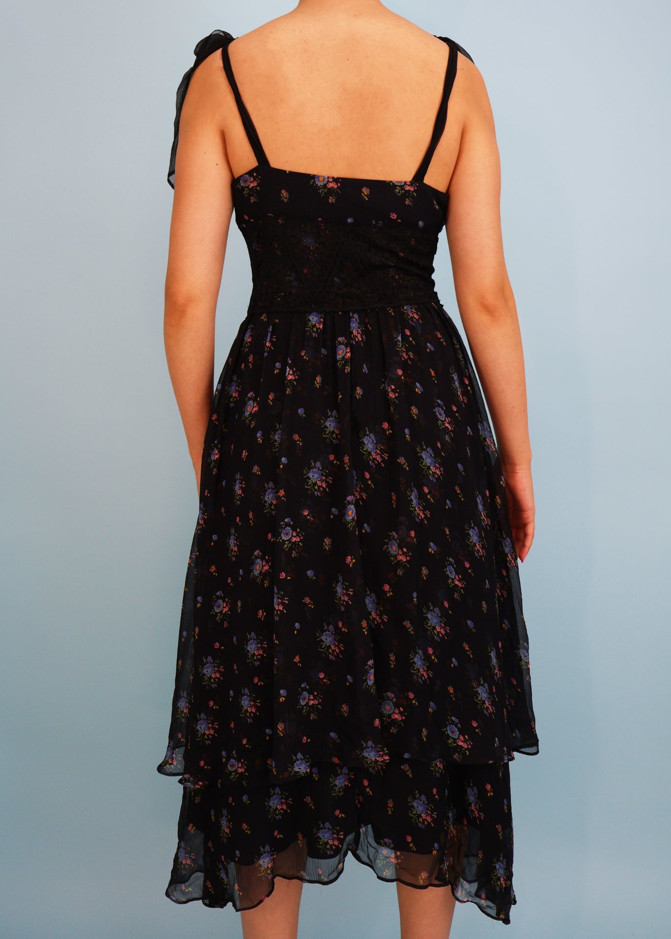 Betsey Johnson Black Floral Print Silk Chiffon & Lace Dress