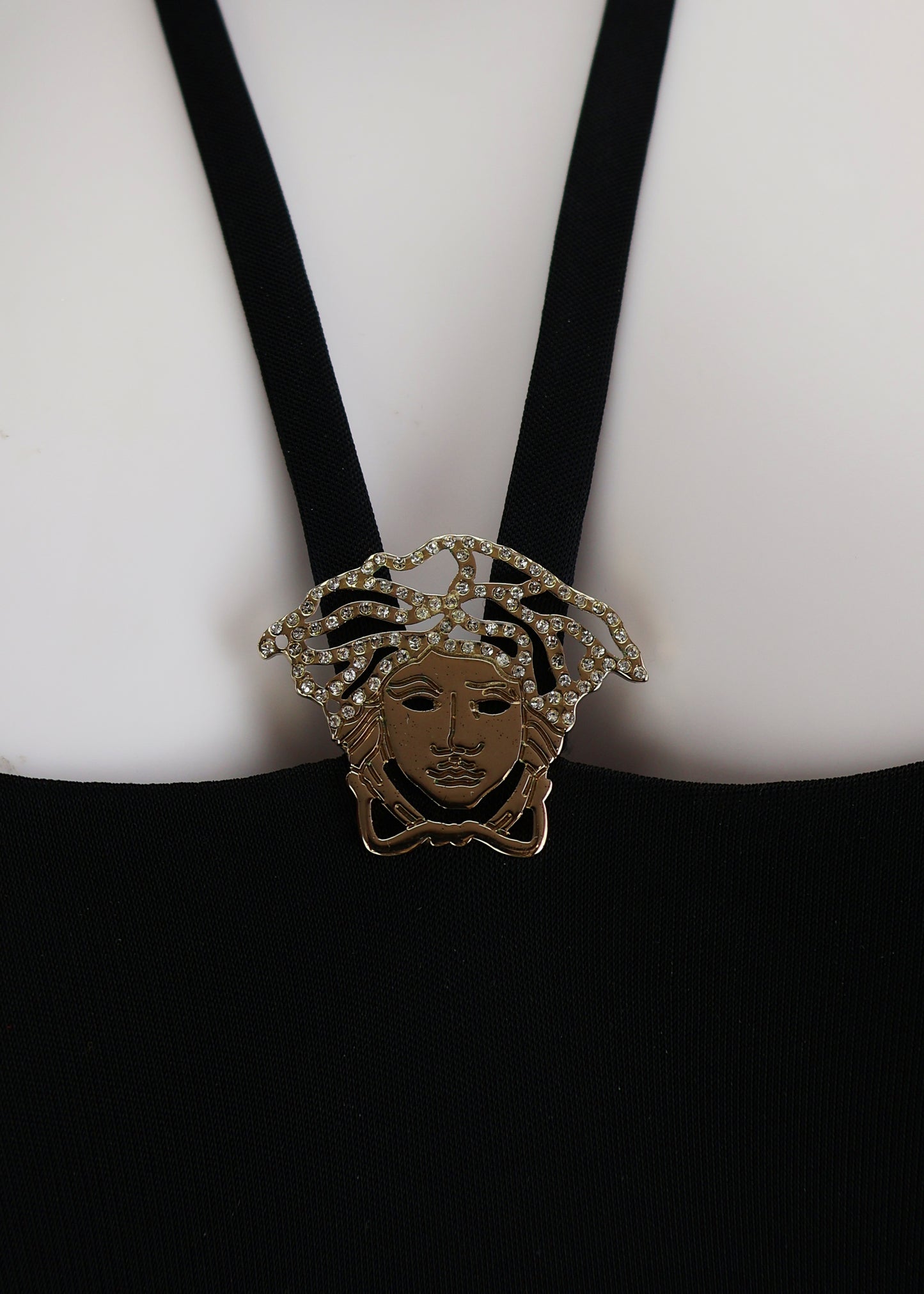 Versace Black Crystal Medusa Halter Strap Top