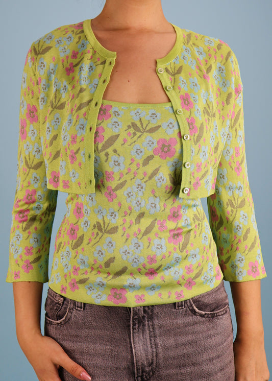 Valentino Green Floral Knit Cami Top & Cropped Cardigan Twin Set
