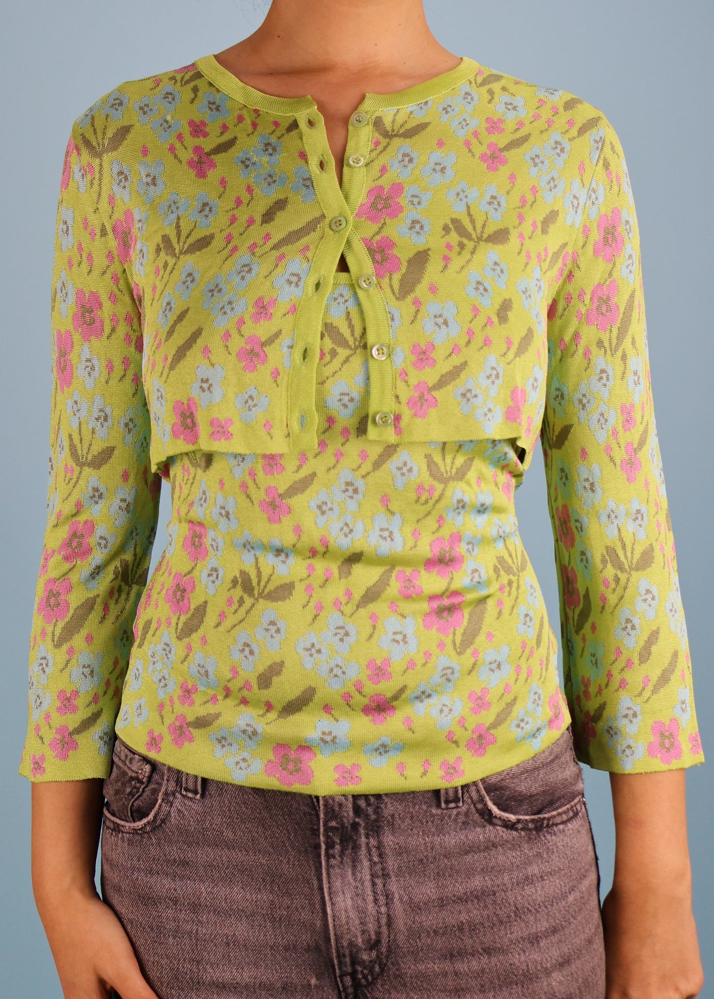 Valentino Green Floral Knit Cami Top & Cropped Cardigan Twin Set