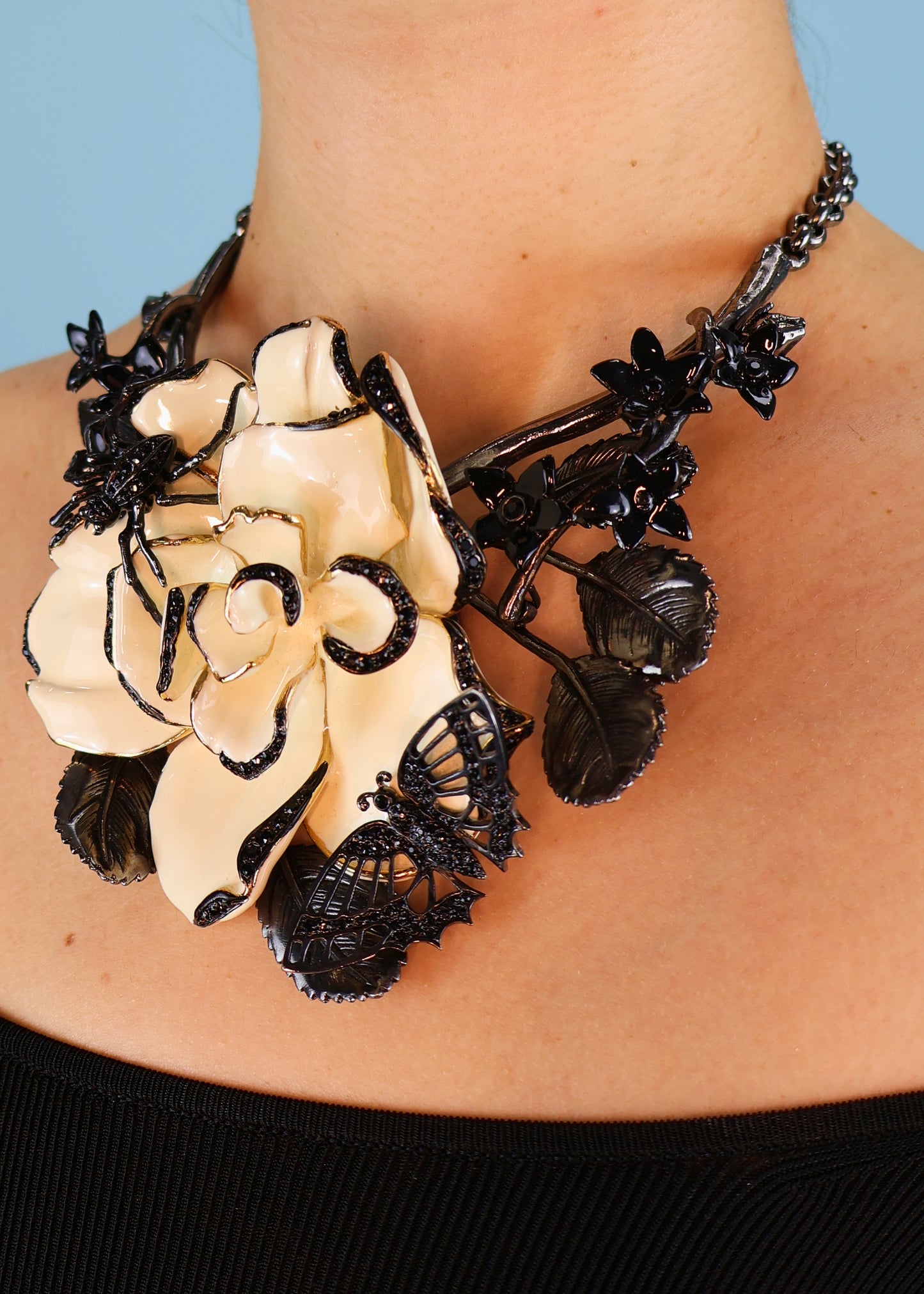 Roberto Cavalli Fall 2013 Large Enamel Flower & Insect Necklace & Ring Set