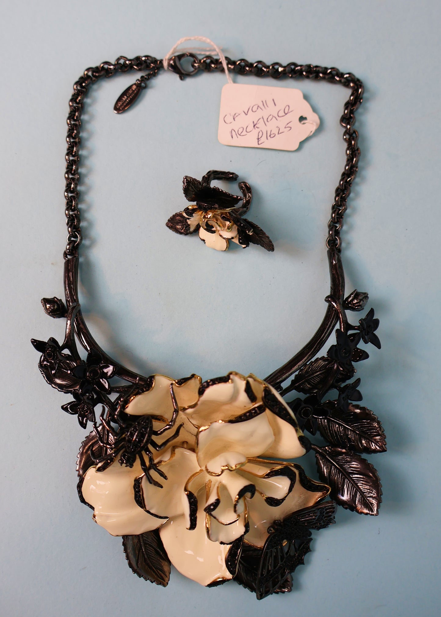 Roberto Cavalli Fall 2013 Large Enamel Flower & Insect Necklace & Ring Set