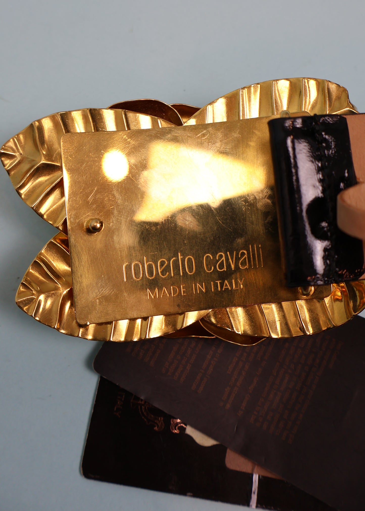 Roberto Cavalli Gold Flower Buckle Black Leather Belt
