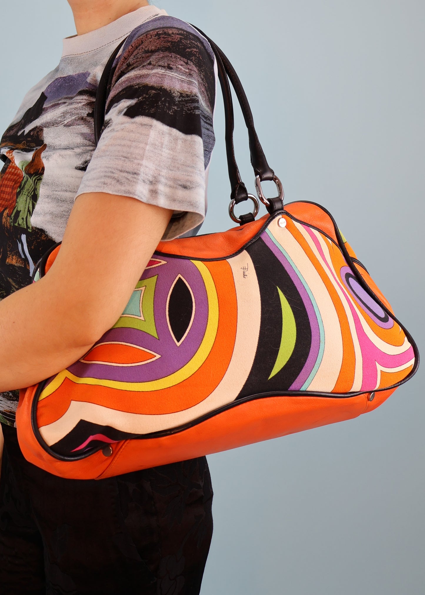 Emilio Pucci Orange Leather & Canvas Patterned Bag