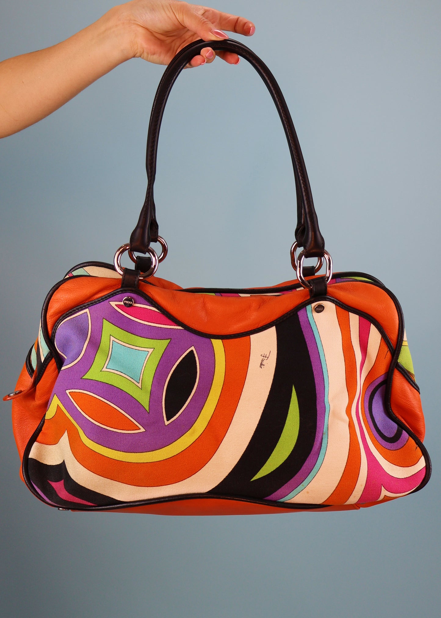 Emilio Pucci Orange Leather & Canvas Patterned Bag