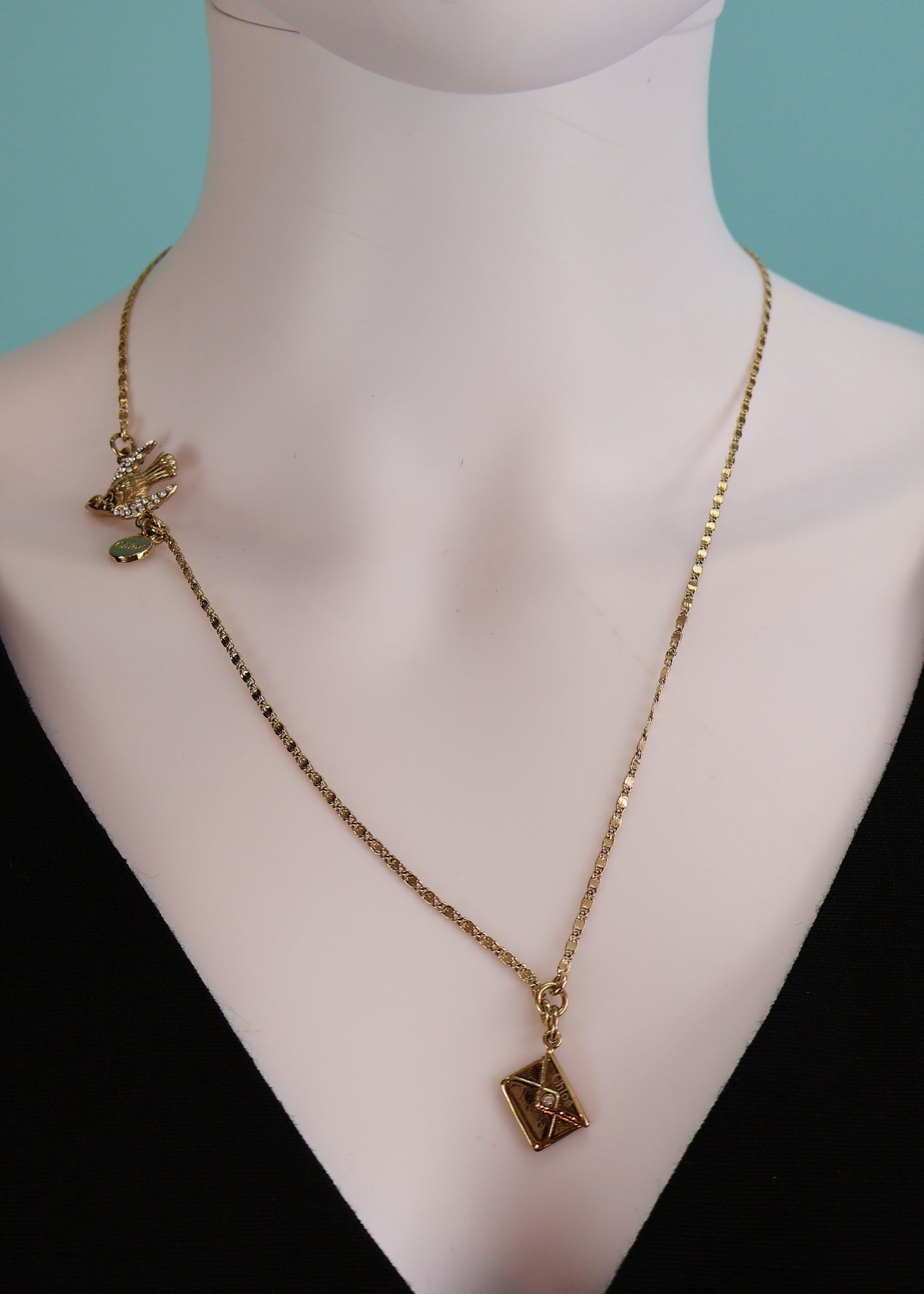 Chloé Spring 2002 Envelope & Crystal Bird Pendant Necklace