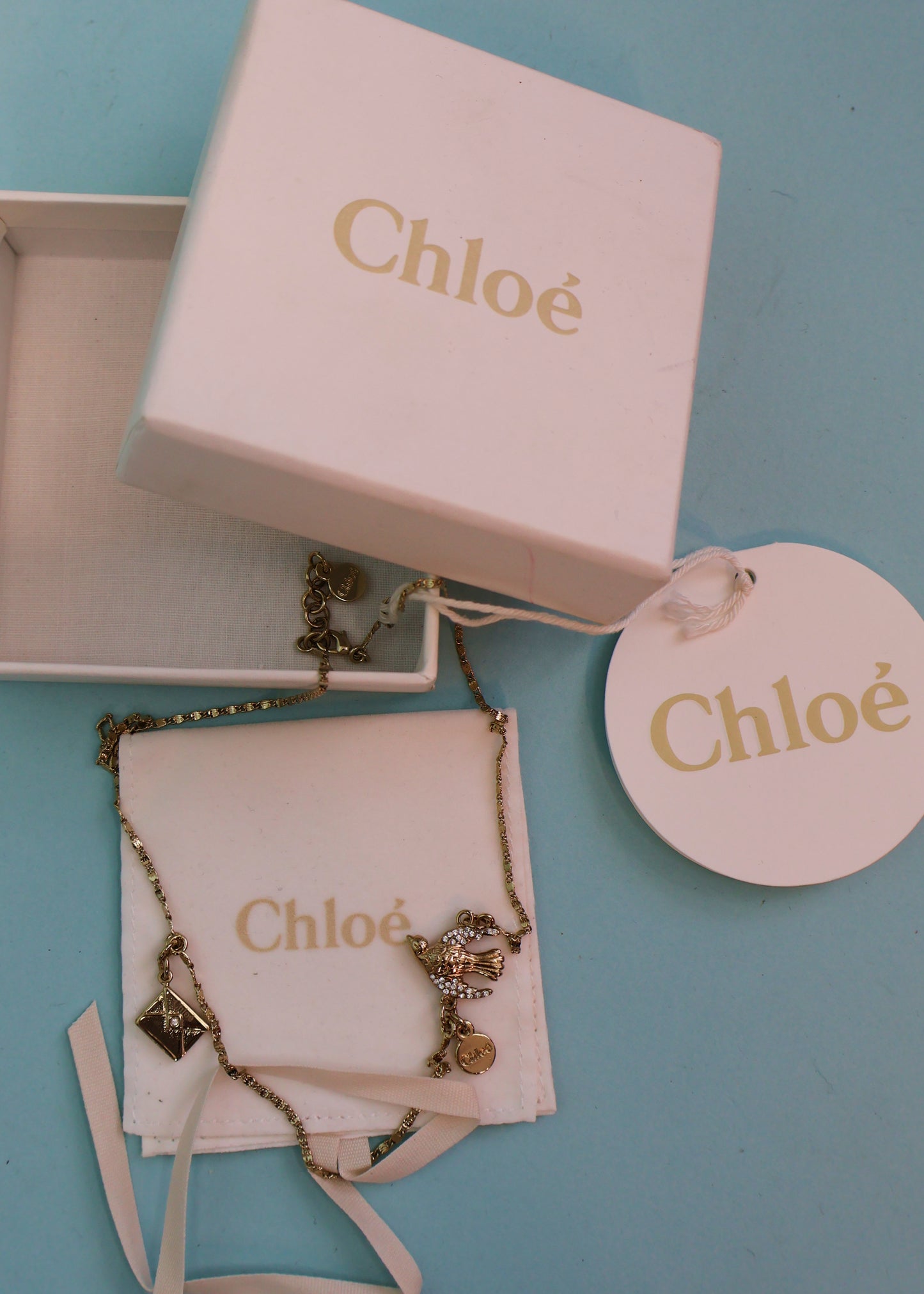 Chloé Spring 2002 Envelope & Crystal Bird Pendant Necklace