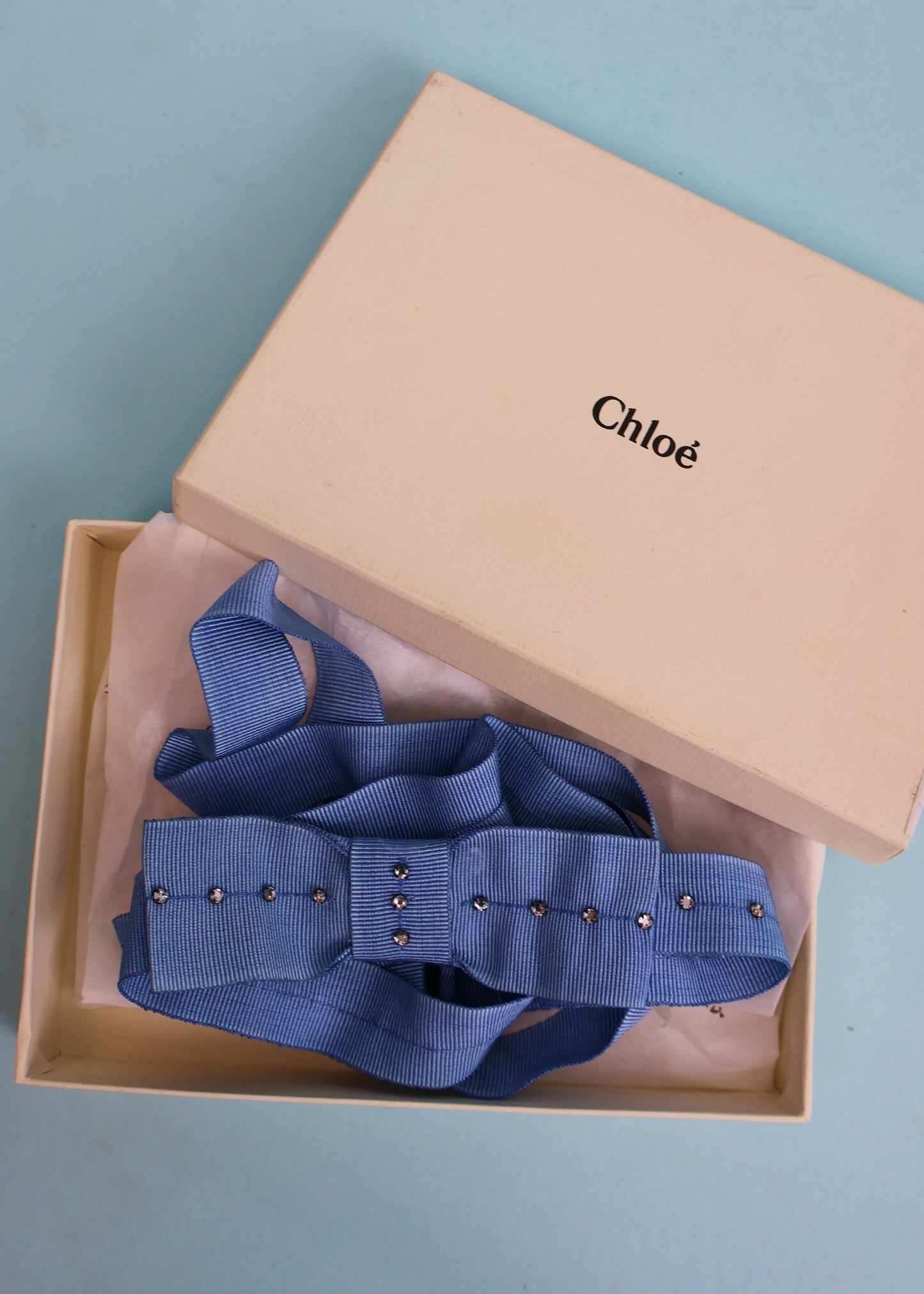 Chloé Fall 2004 Runway Blue Rhinestone Bow Ribbon Belt