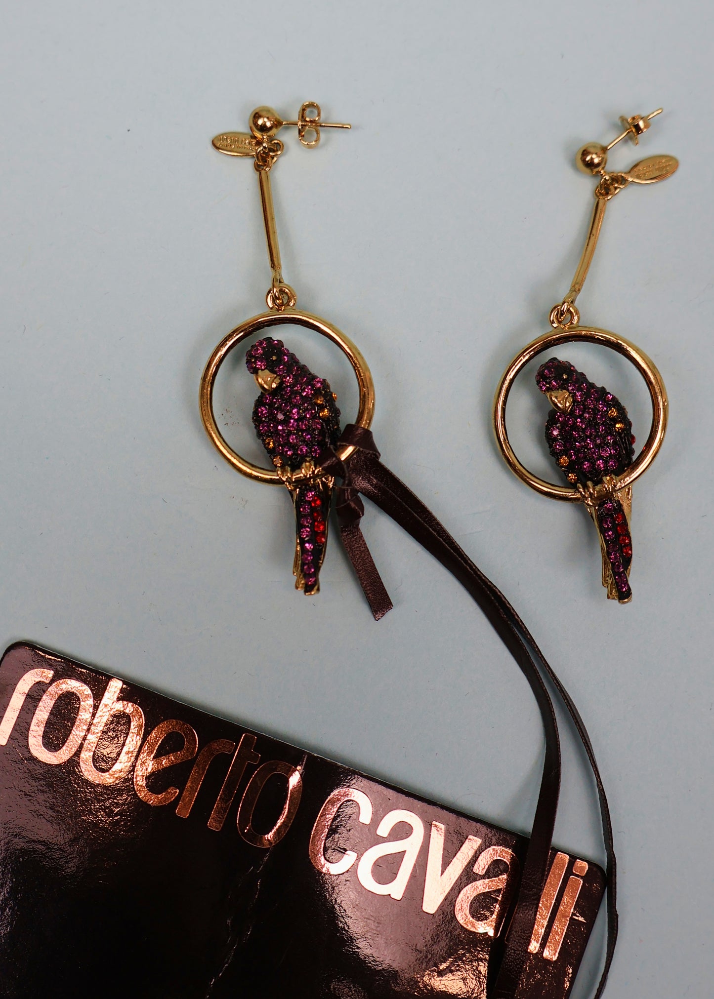 Roberto Cavalli Purple Crystal Parrot Earrings