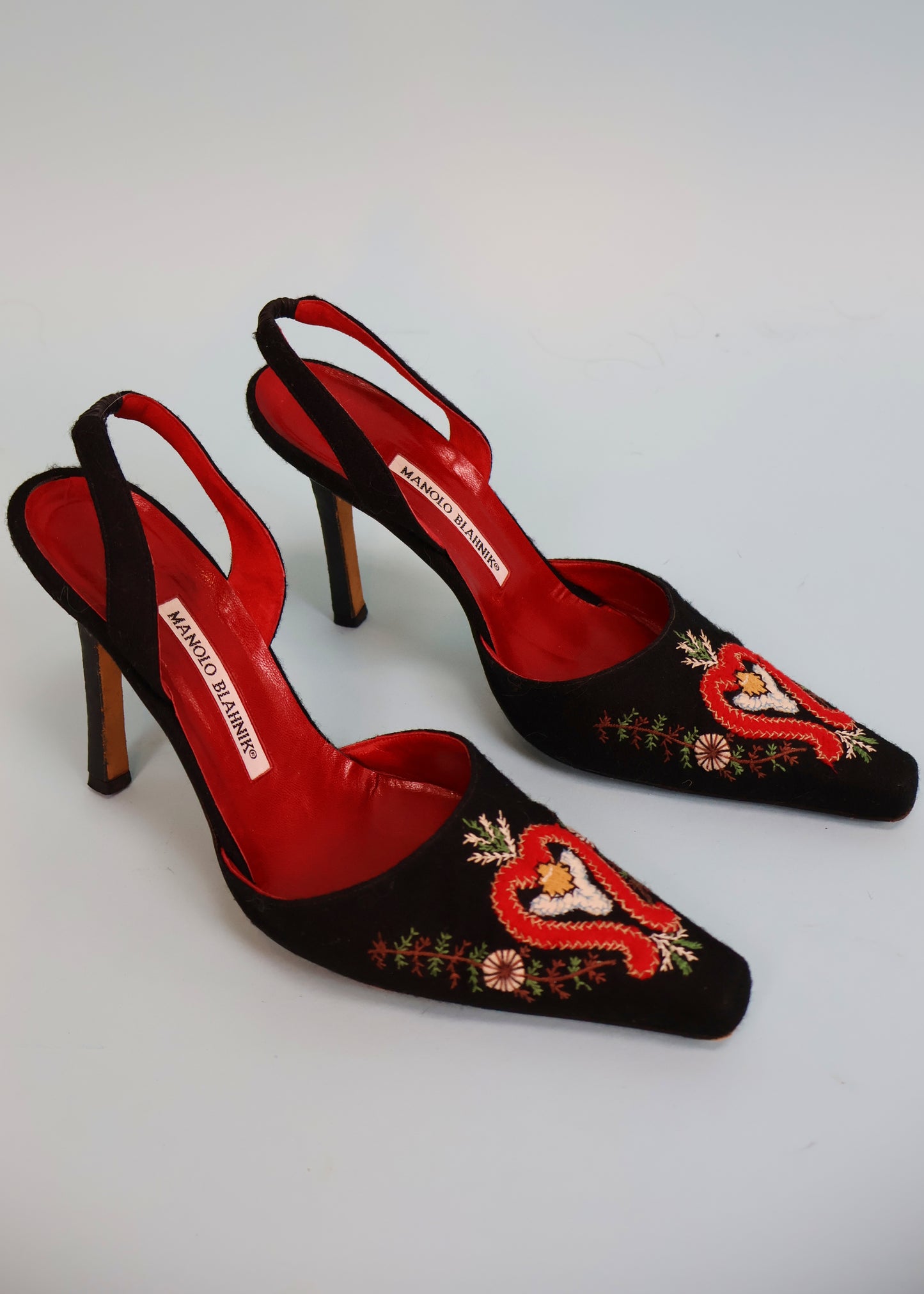 Manolo Blahnik Black Embroidered Pointed Slingback Heels