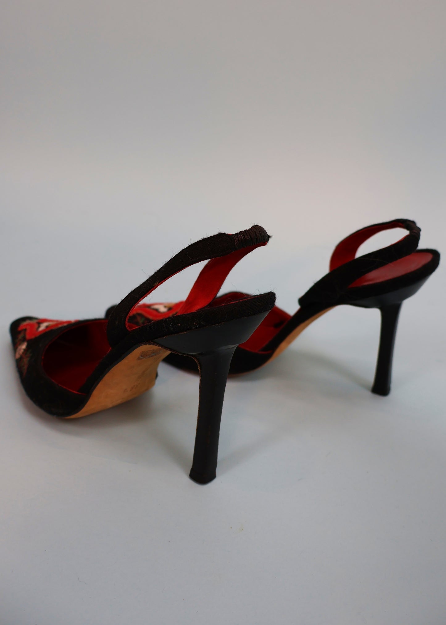 Manolo Blahnik Black Embroidered Pointed Slingback Heels