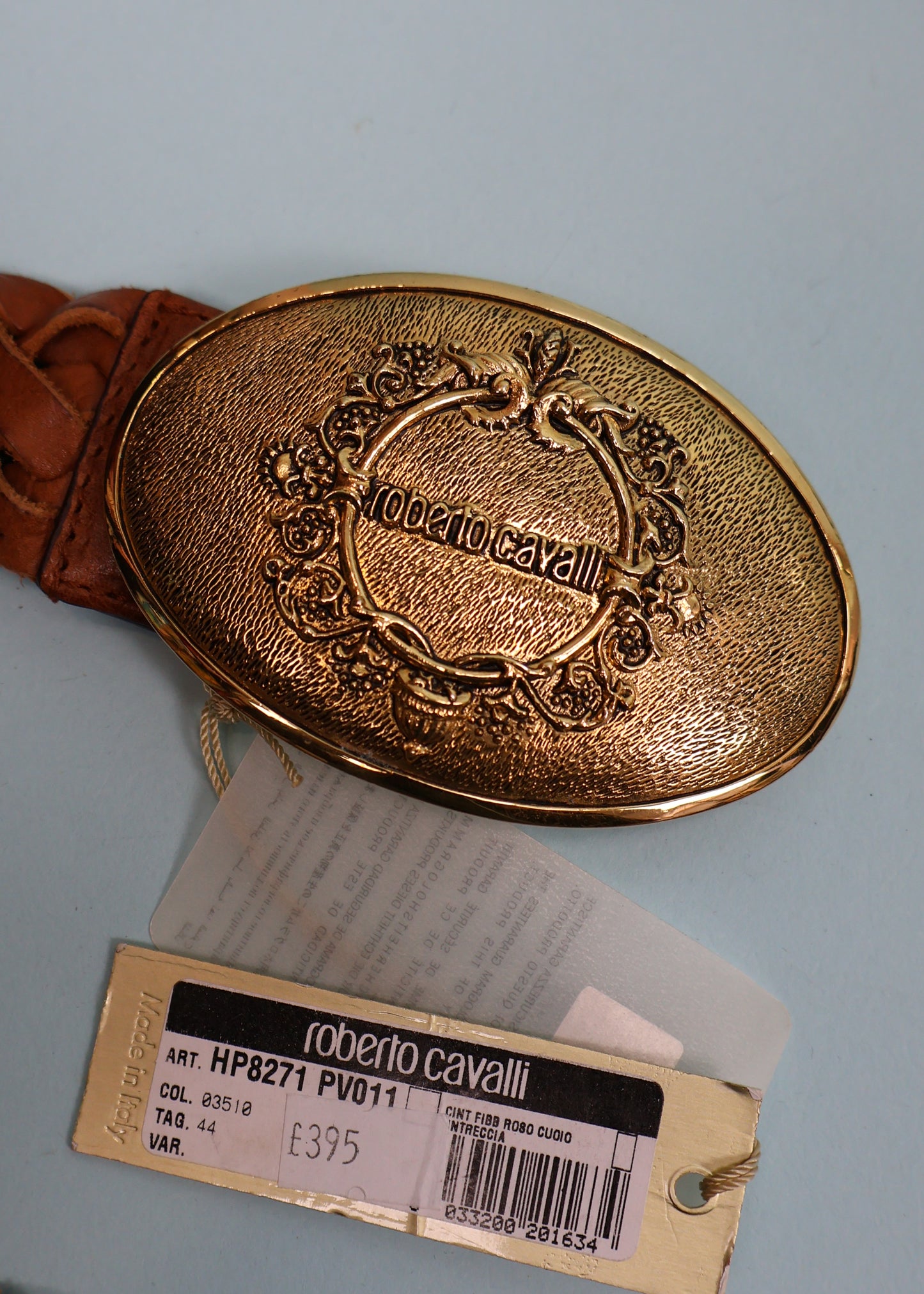 Roberto Cavalli Gold Buckle Brown Woven Leather Belt