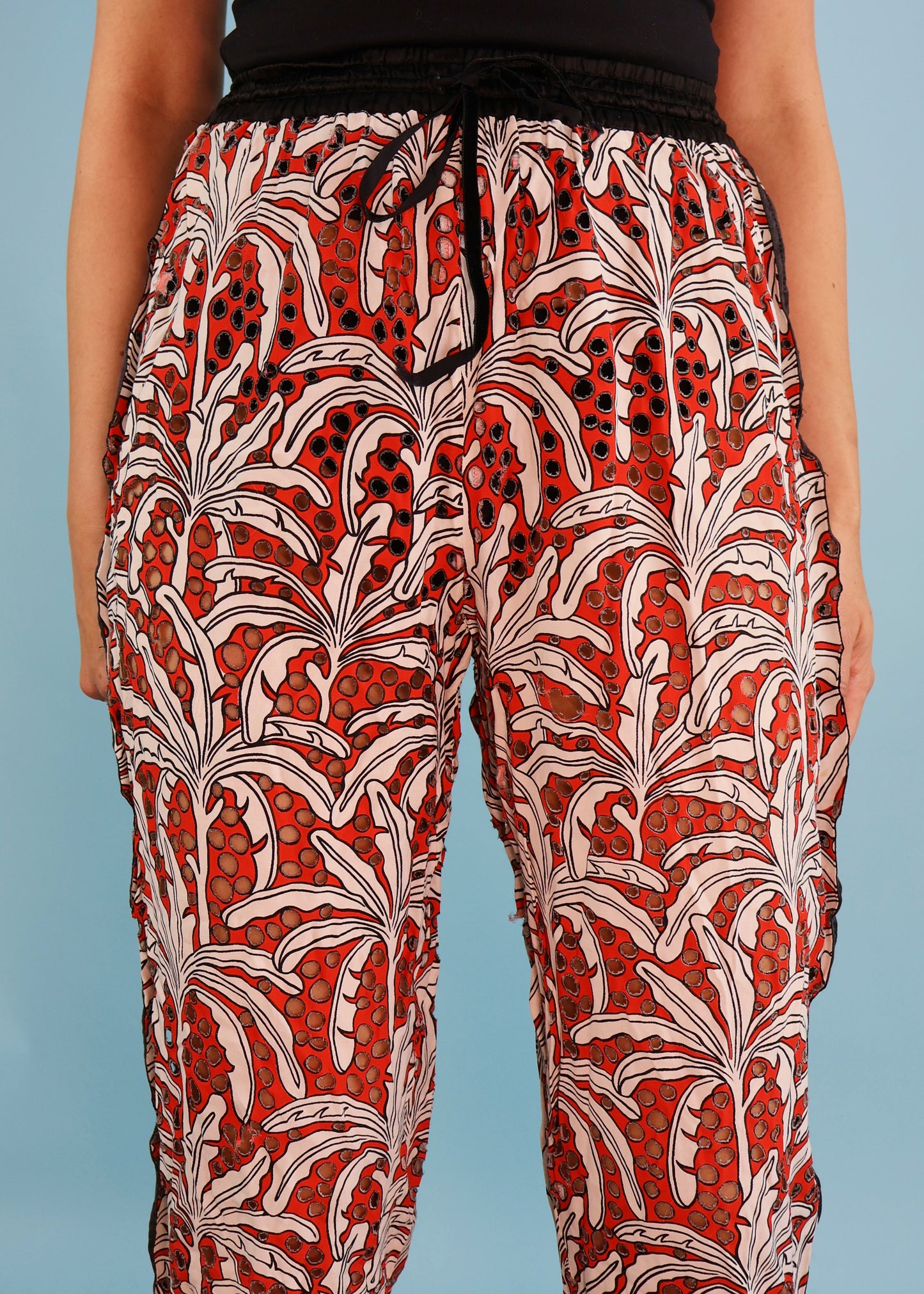Jean Paul Gaultier Spring 1992 Runway Red & White Palm Tree Print Perforated Pants