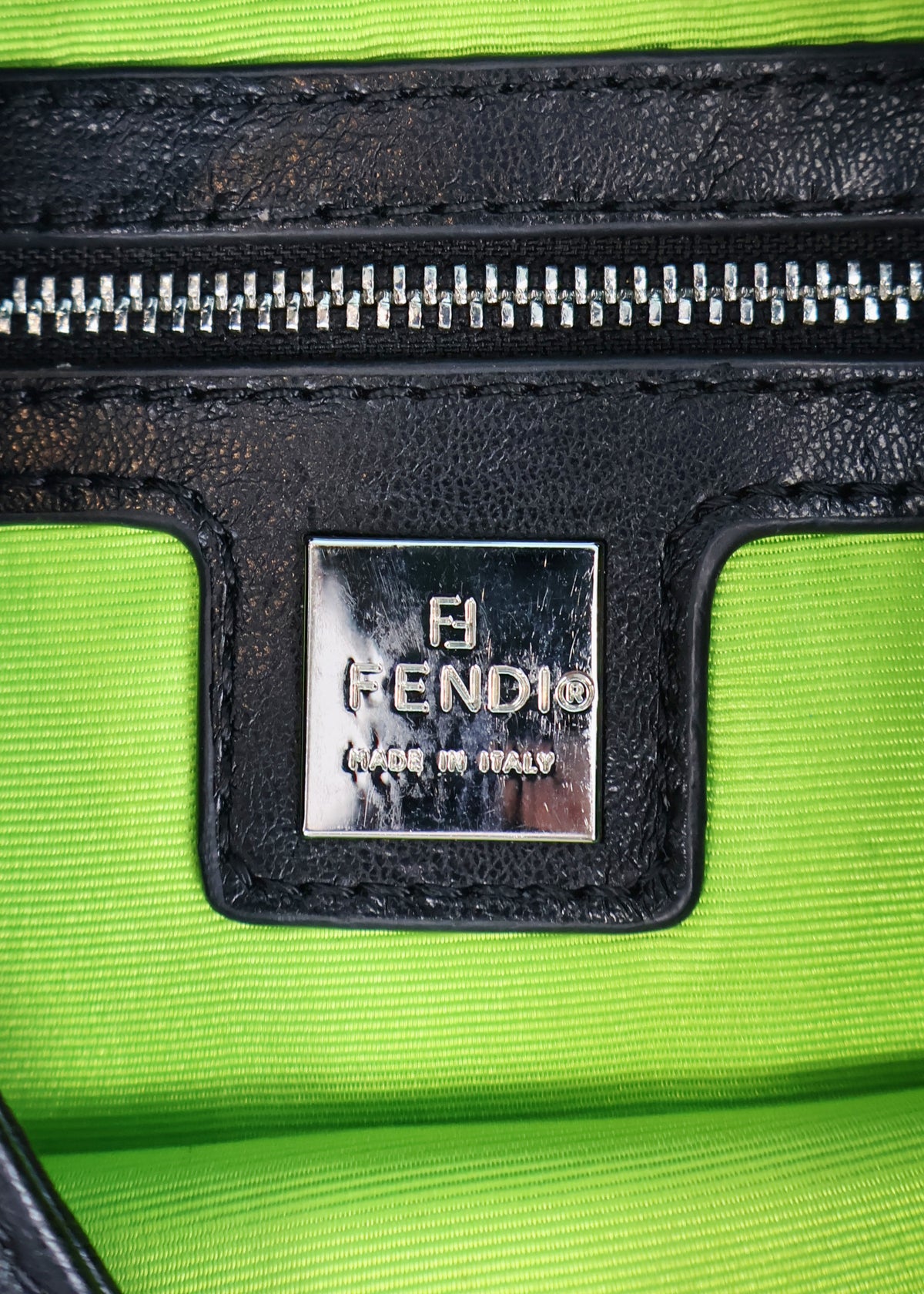 Fendi Black Leather Green Zucca Baguette Bag