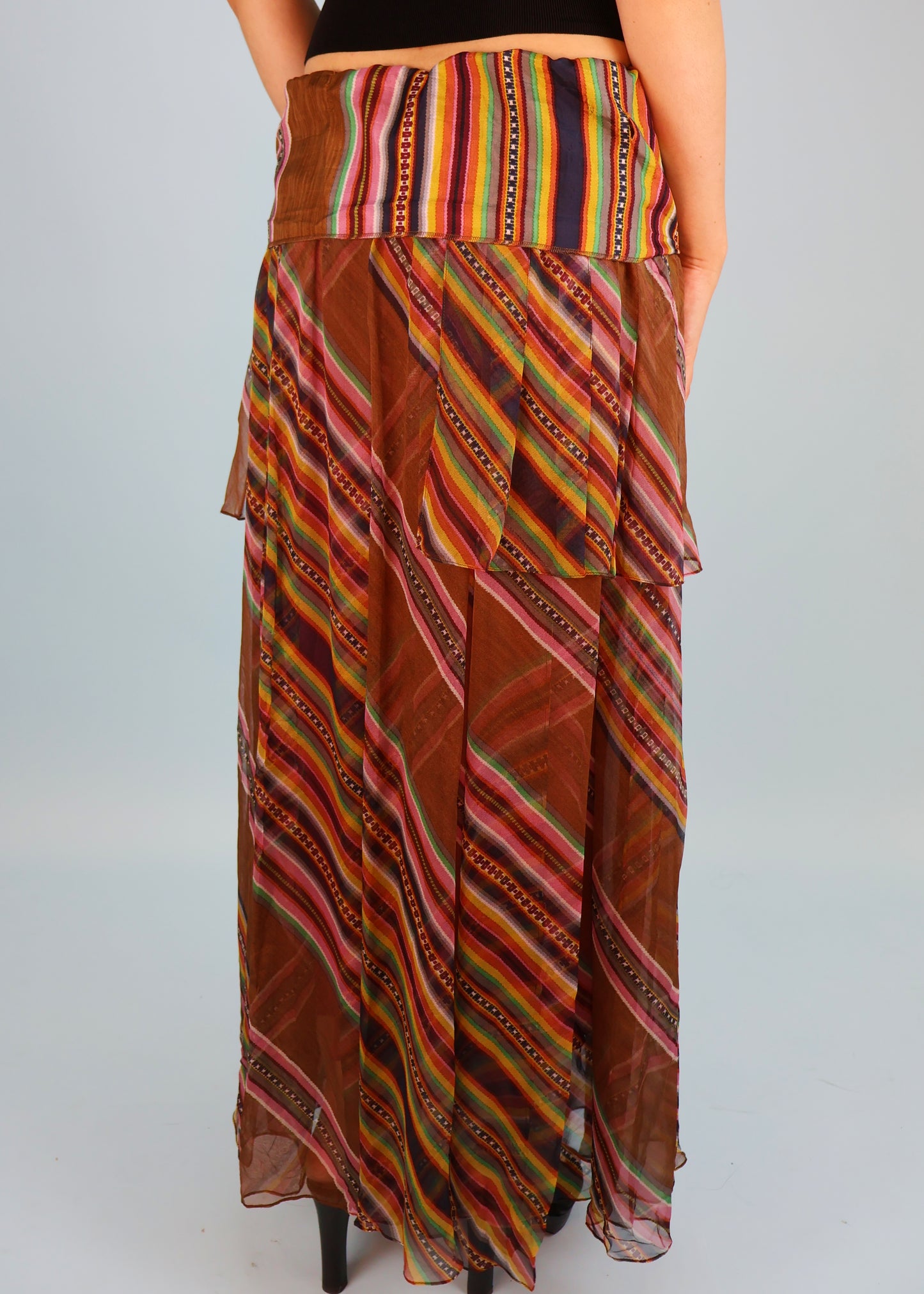 Dior Spring 2002 Runway Brown Multi Colour Stripe Silk Chiffon Maxi Skirt