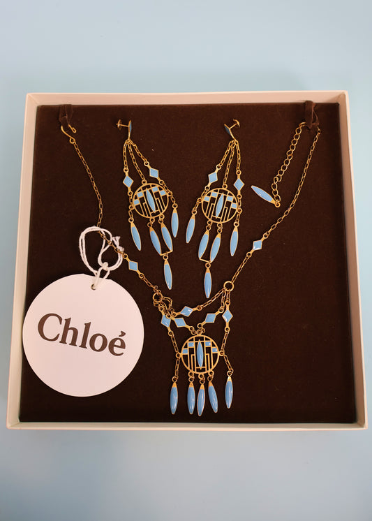 Chloé Spring 2005 Blue Enamel Drop Pendant Necklace & Earrings Set