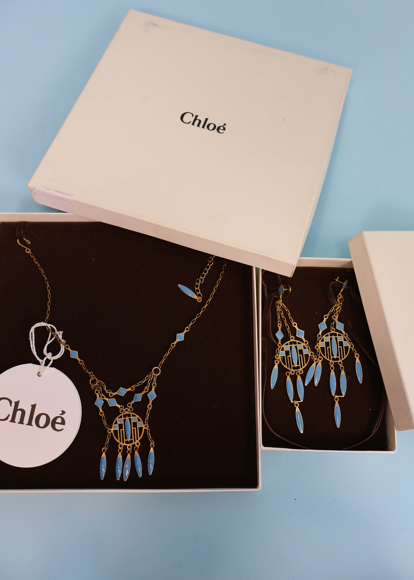 Chloé Spring 2005 Blue Enamel Drop Pendant Necklace & Earrings Set
