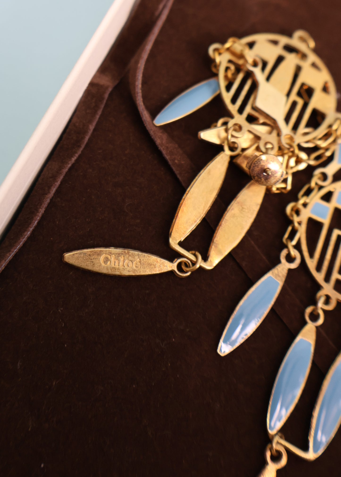 Chloé Spring 2005 Blue Enamel Drop Pendant Necklace & Earrings Set