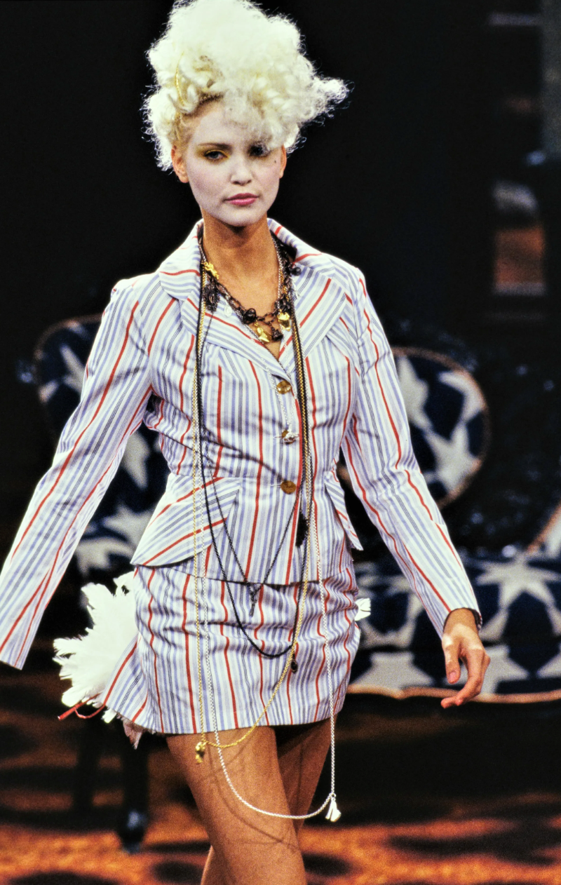 Vivienne Westwood Spring 1994 “Cafe Society” Runway Feather Bustle Striped Skirt & Jacket Suit Set