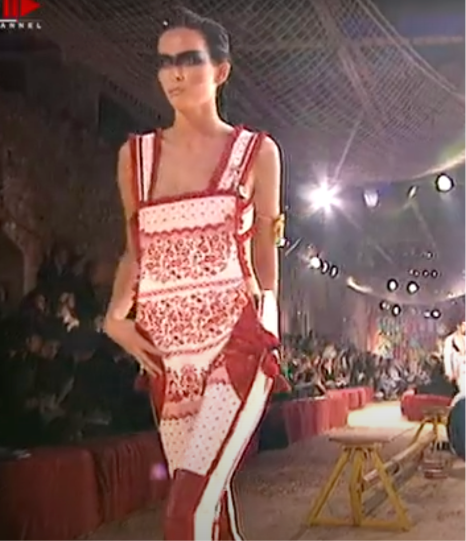John Galliano Spring 1997 White & Red Cross Stitch Print Skirt