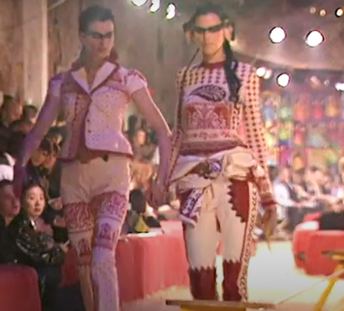 John Galliano Spring 1997 White & Red Cross Stitch Print Skirt
