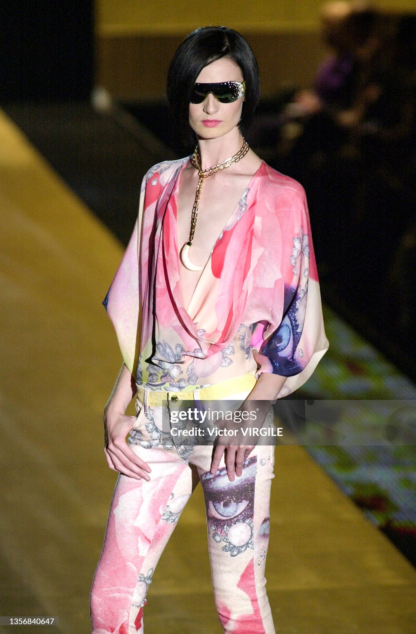 Roberto Cavalli Spring 2001 Runway Pink Face Print Cowl Knit Top & Jeans Set