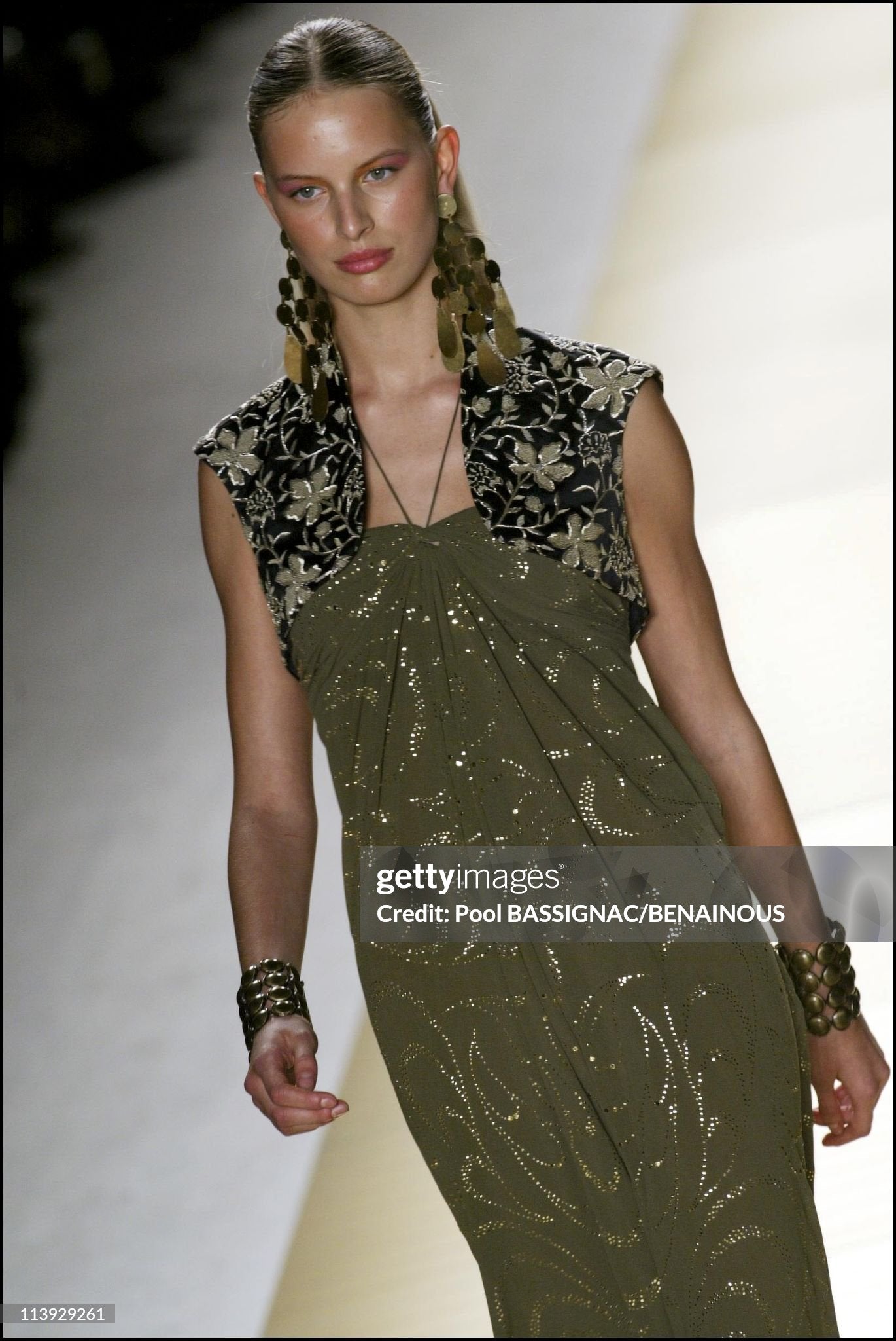 Celine Spring 2003 Runway Khaki Silk Chiffon Embellished Dress